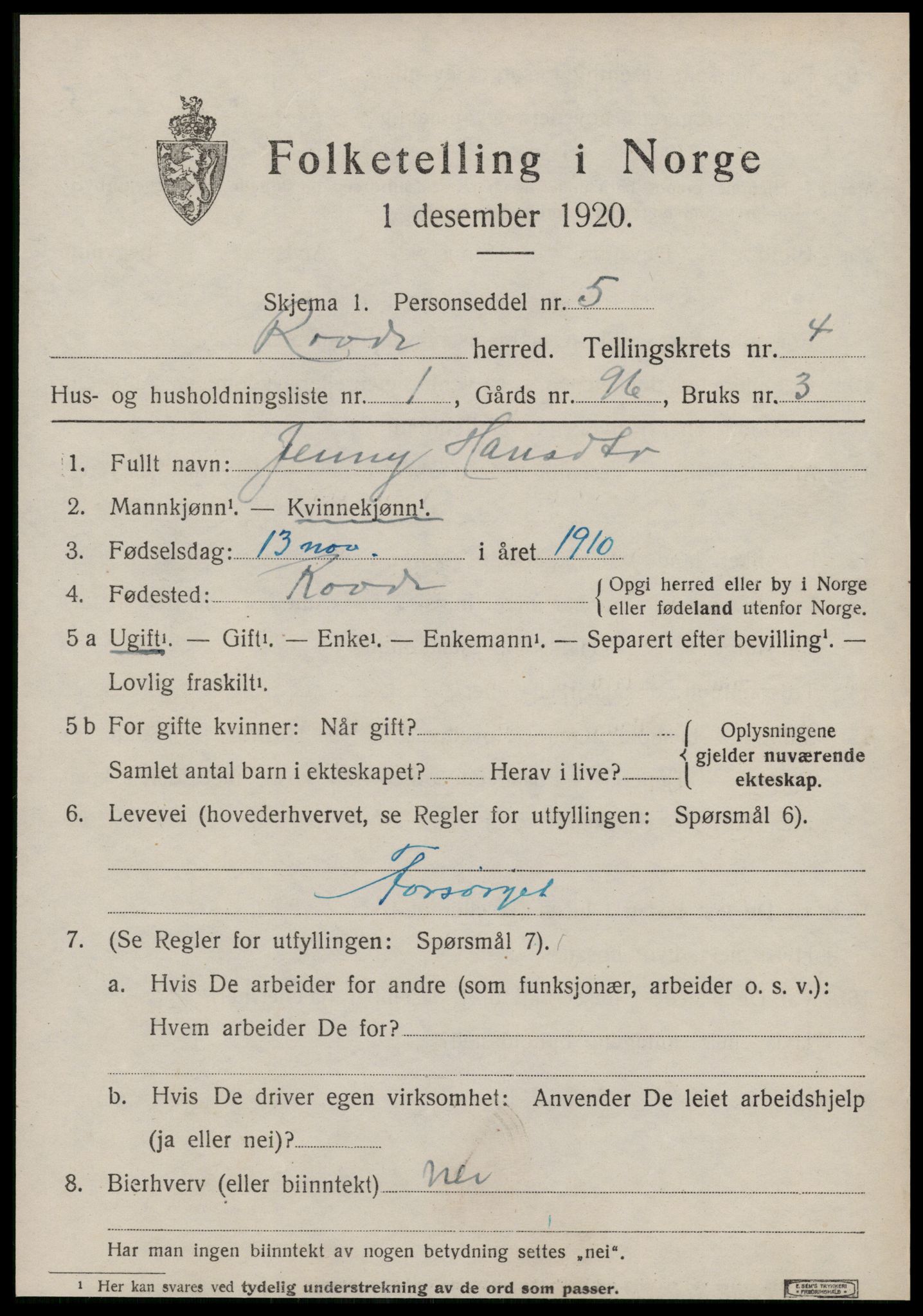 SAT, 1920 census for Rovde, 1920, p. 1285