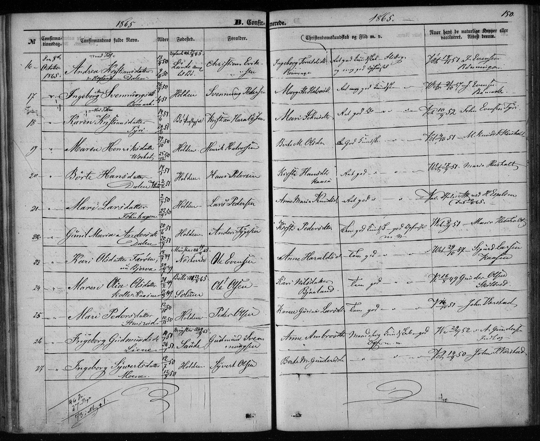 Holla kirkebøker, AV/SAKO-A-272/F/Fa/L0006: Parish register (official) no. 6, 1861-1869, p. 150