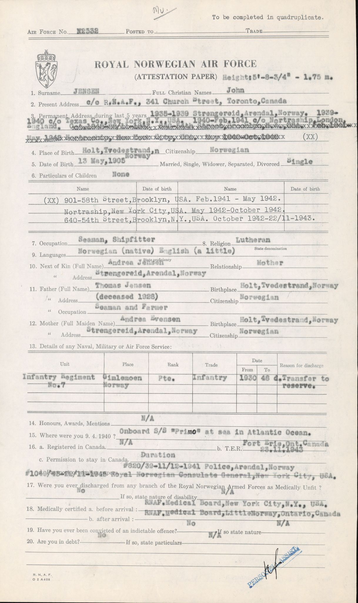 Forsvaret, Forsvarets overkommando/Luftforsvarsstaben, AV/RA-RAFA-4079/P/Pa/L0013: Personellmapper, 1905, p. 226