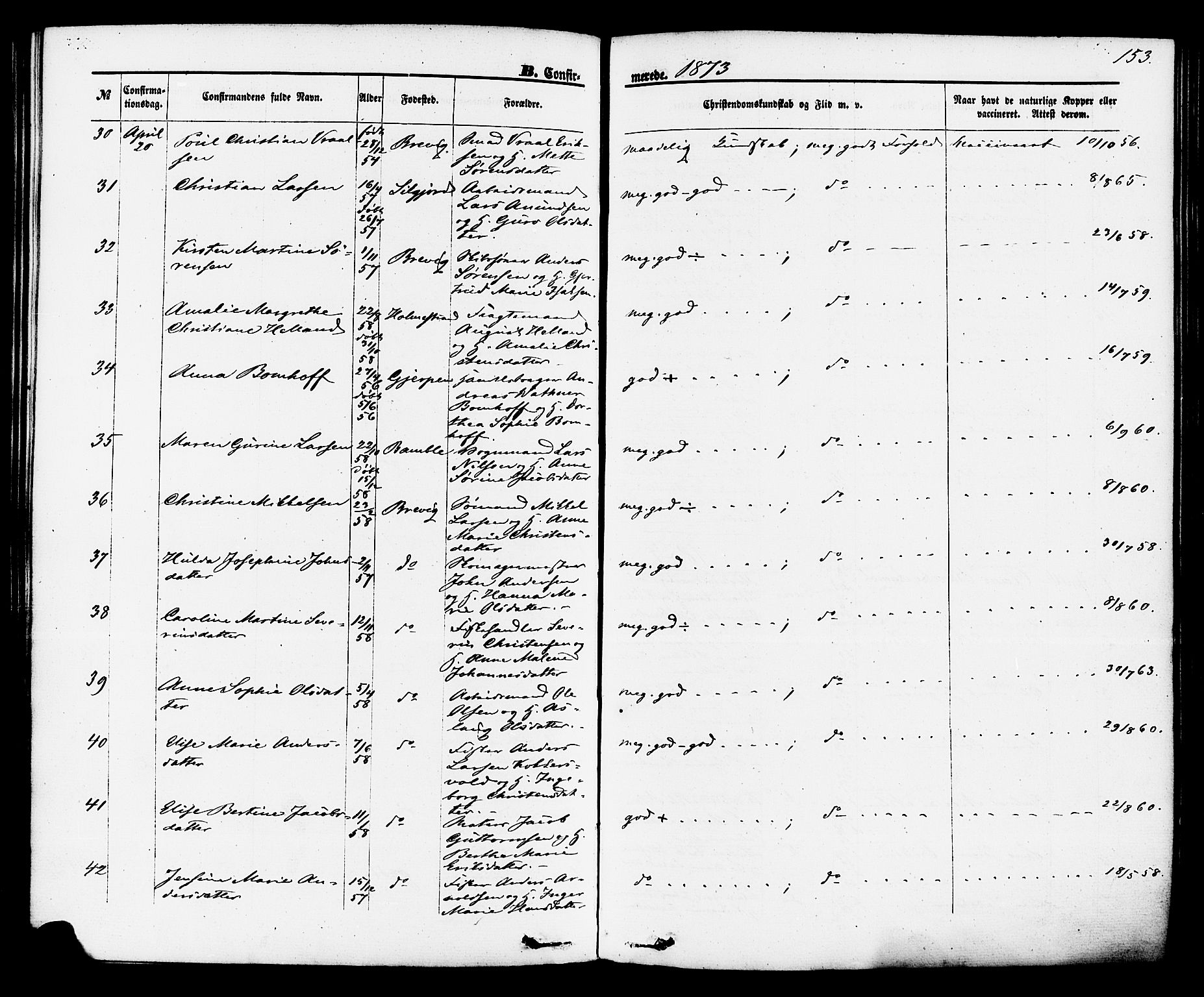 Brevik kirkebøker, SAKO/A-255/F/Fa/L0006: Parish register (official) no. 6, 1866-1881, p. 153