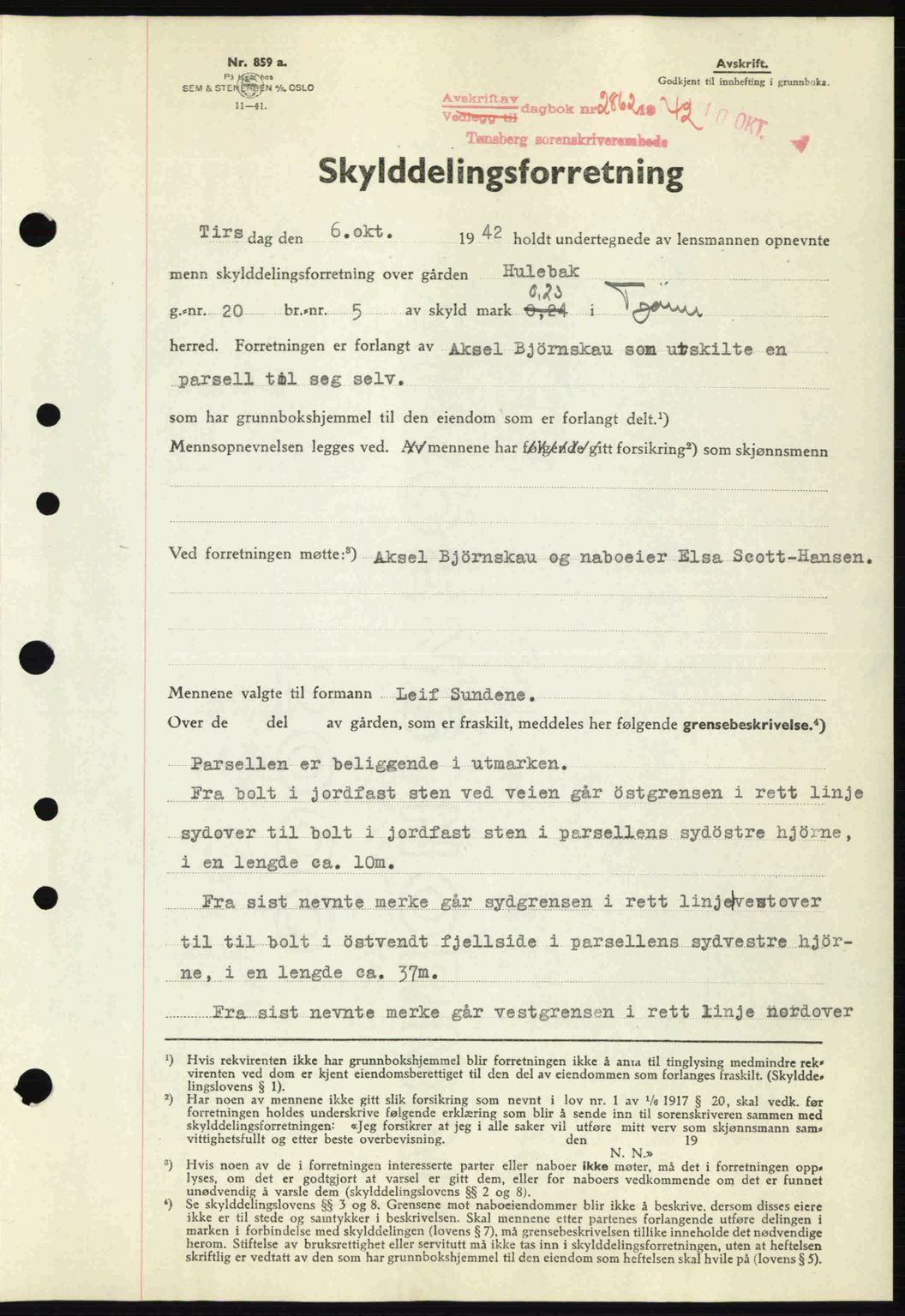 Tønsberg sorenskriveri, AV/SAKO-A-130/G/Ga/Gaa/L0012: Mortgage book no. A12, 1942-1943, Diary no: : 2862/1942