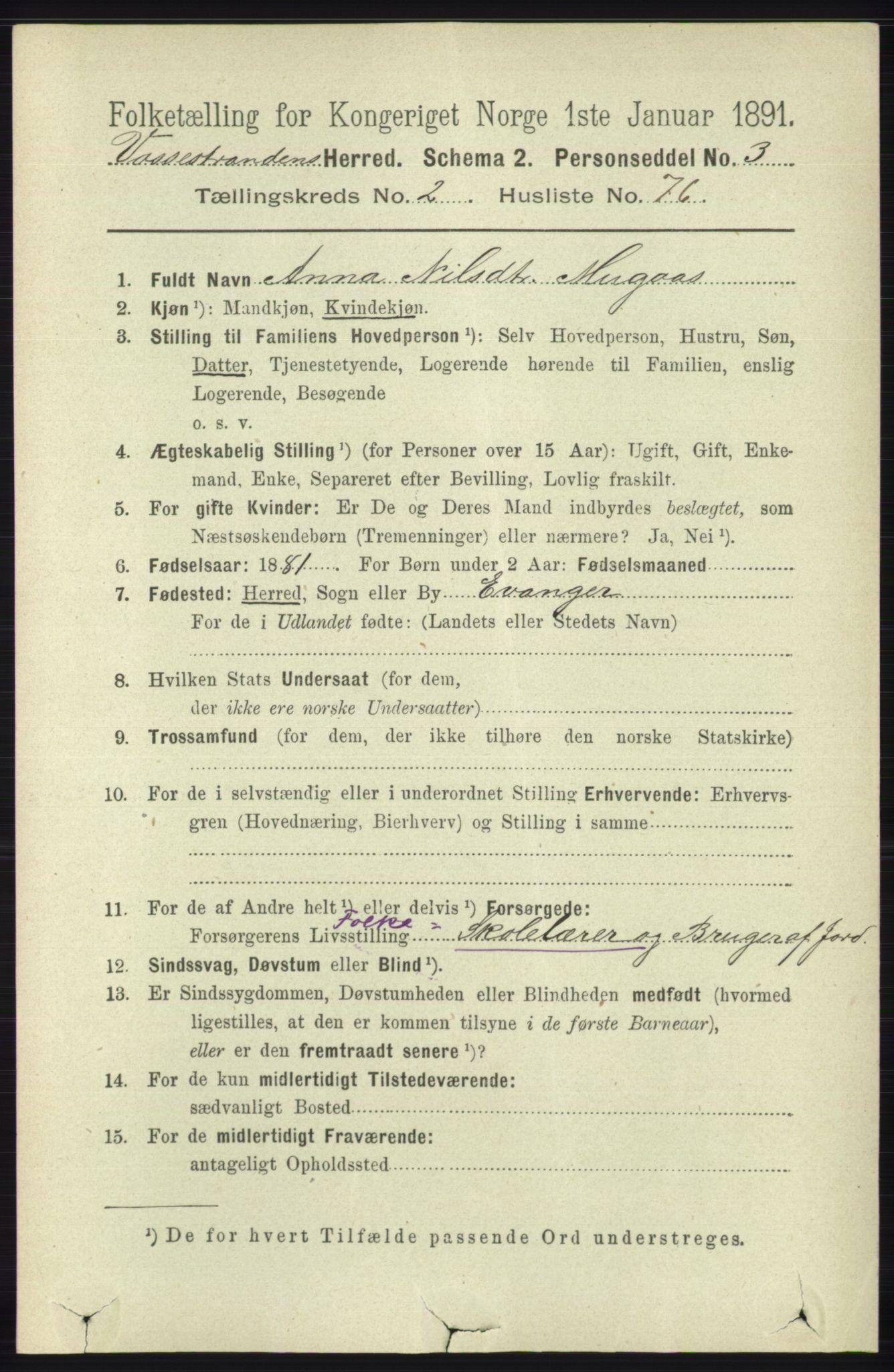 RA, 1891 census for 1236 Vossestrand, 1891, p. 1192