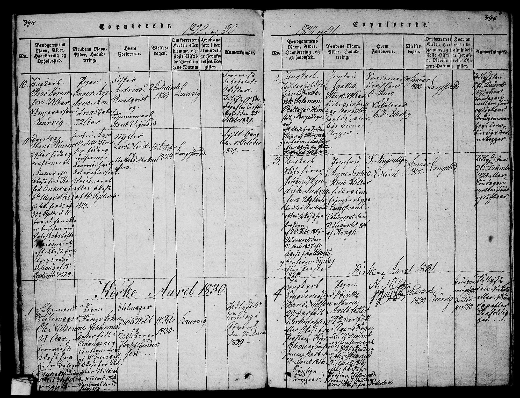 Larvik kirkebøker, AV/SAKO-A-352/G/Gb/L0001: Parish register (copy) no. II 1, 1818-1843, p. 394-395