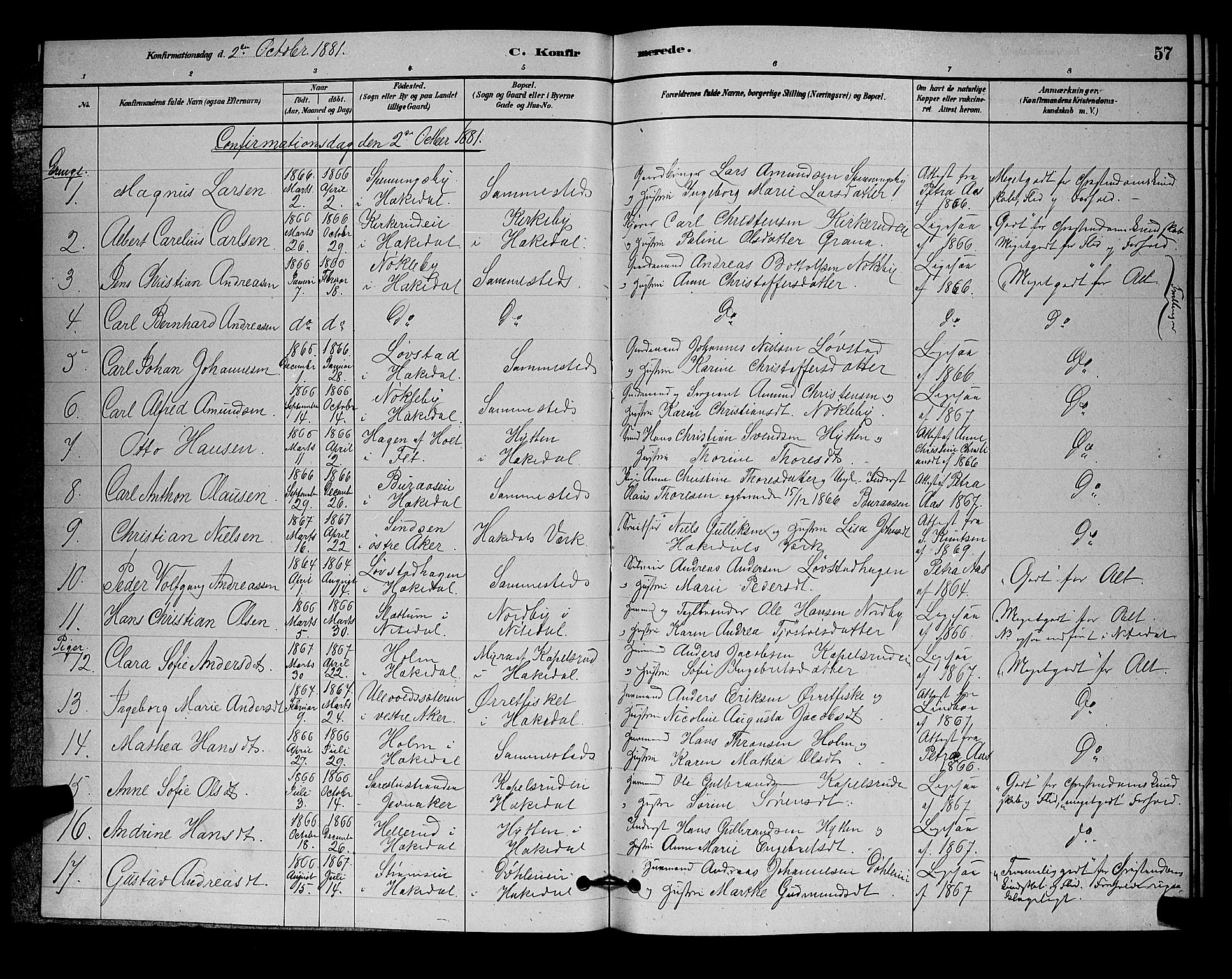 Nittedal prestekontor Kirkebøker, AV/SAO-A-10365a/G/Gb/L0002: Parish register (copy) no. II 2, 1879-1901, p. 57