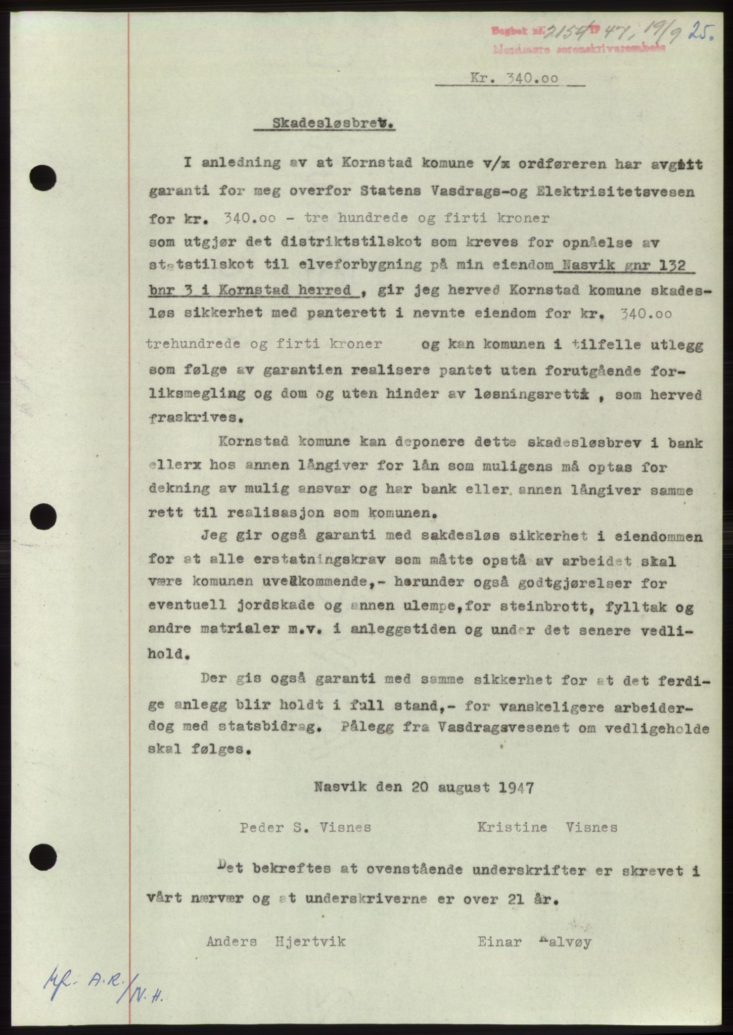 Nordmøre sorenskriveri, AV/SAT-A-4132/1/2/2Ca: Mortgage book no. B97, 1947-1948, Diary no: : 2154/1947