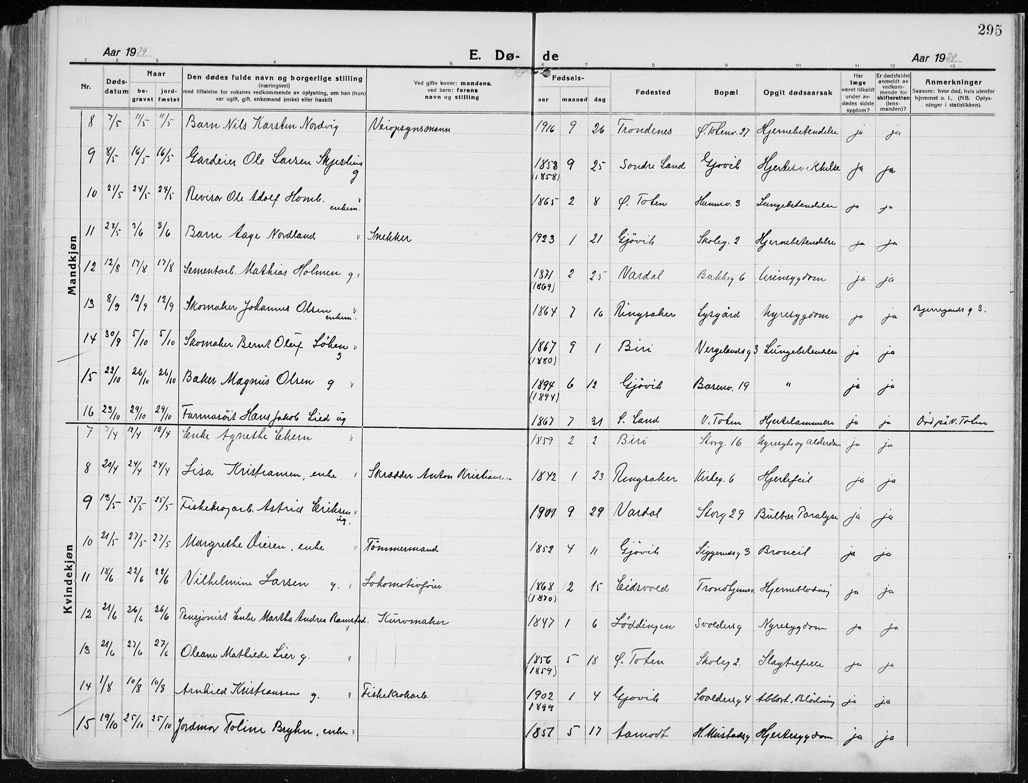 Vardal prestekontor, AV/SAH-PREST-100/H/Ha/Haa/L0015: Parish register (official) no. 15, 1923-1937, p. 295