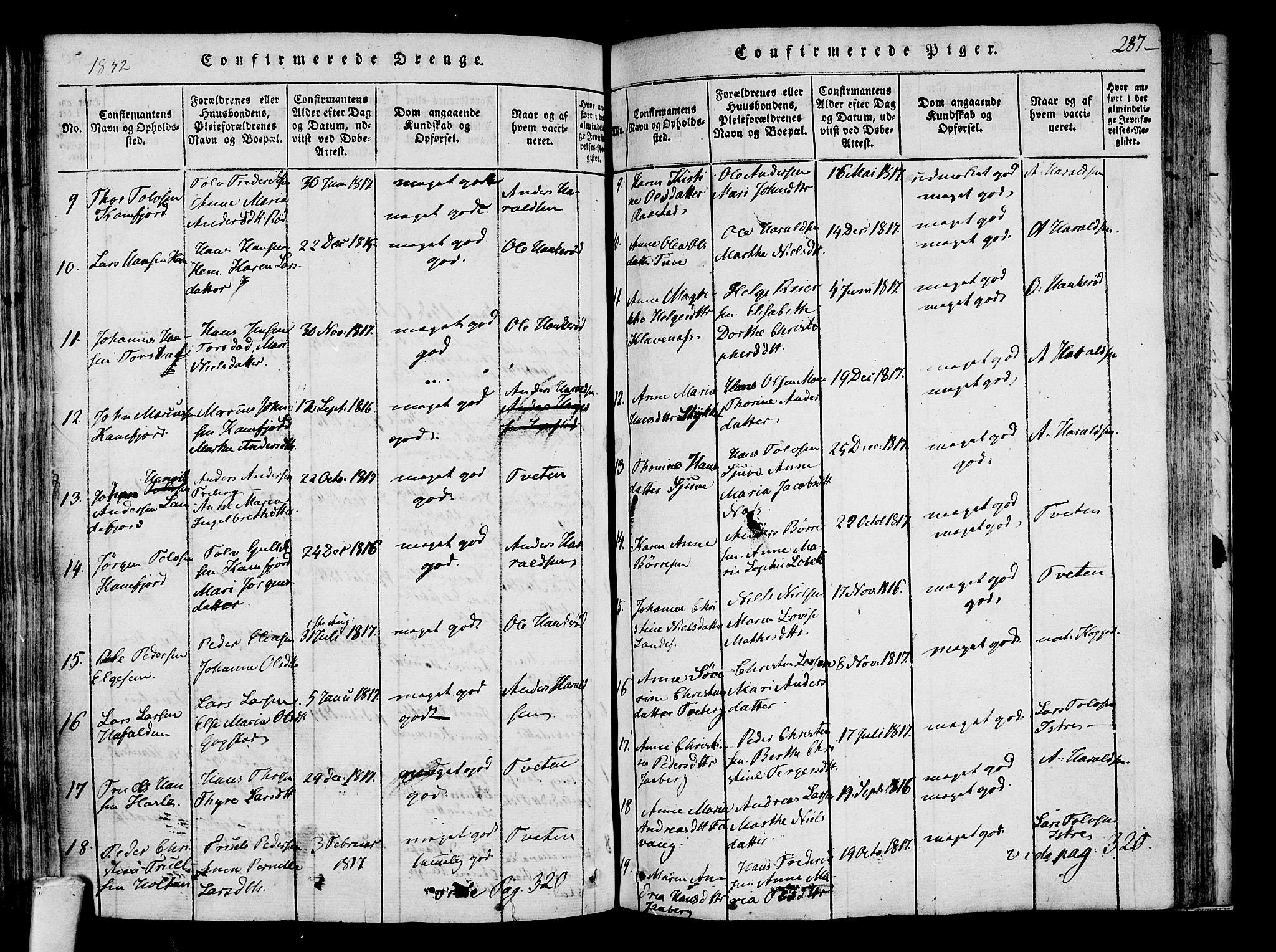 Sandar kirkebøker, SAKO/A-243/F/Fa/L0004: Parish register (official) no. 4, 1814-1832, p. 287