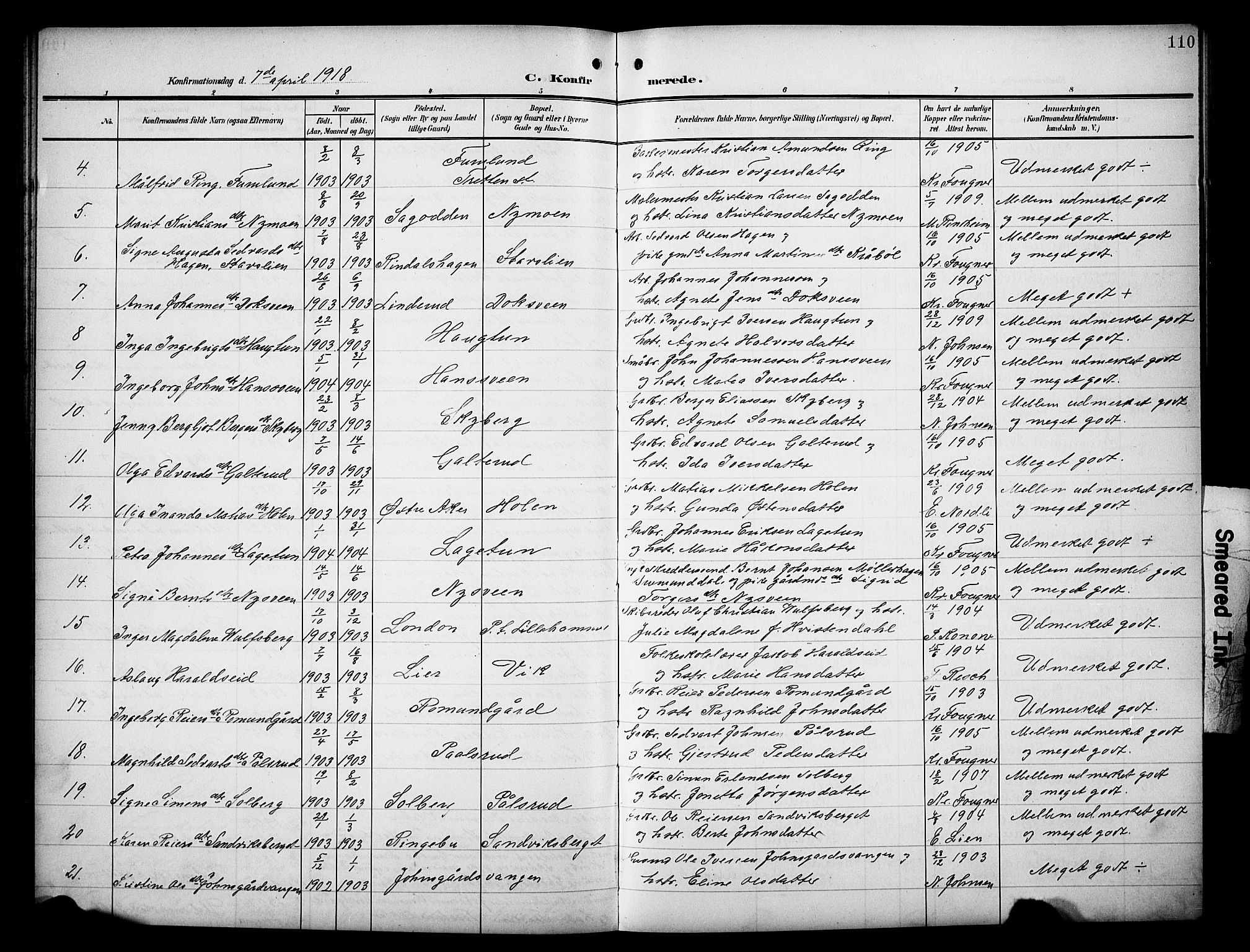 Øyer prestekontor, AV/SAH-PREST-084/H/Ha/Hab/L0006: Parish register (copy) no. 6, 1906-1929, p. 110