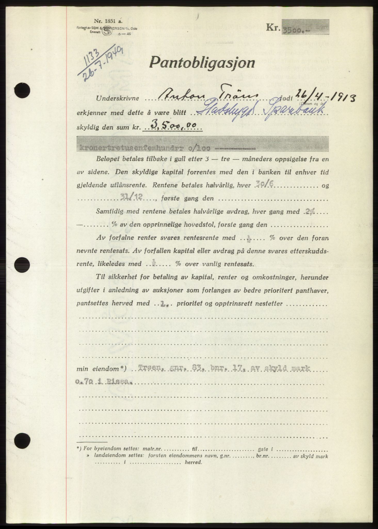 Fosen sorenskriveri, AV/SAT-A-1107/1/2/2C: Mortgage book no. B, 1948-1950, Diary no: : 1133/1949