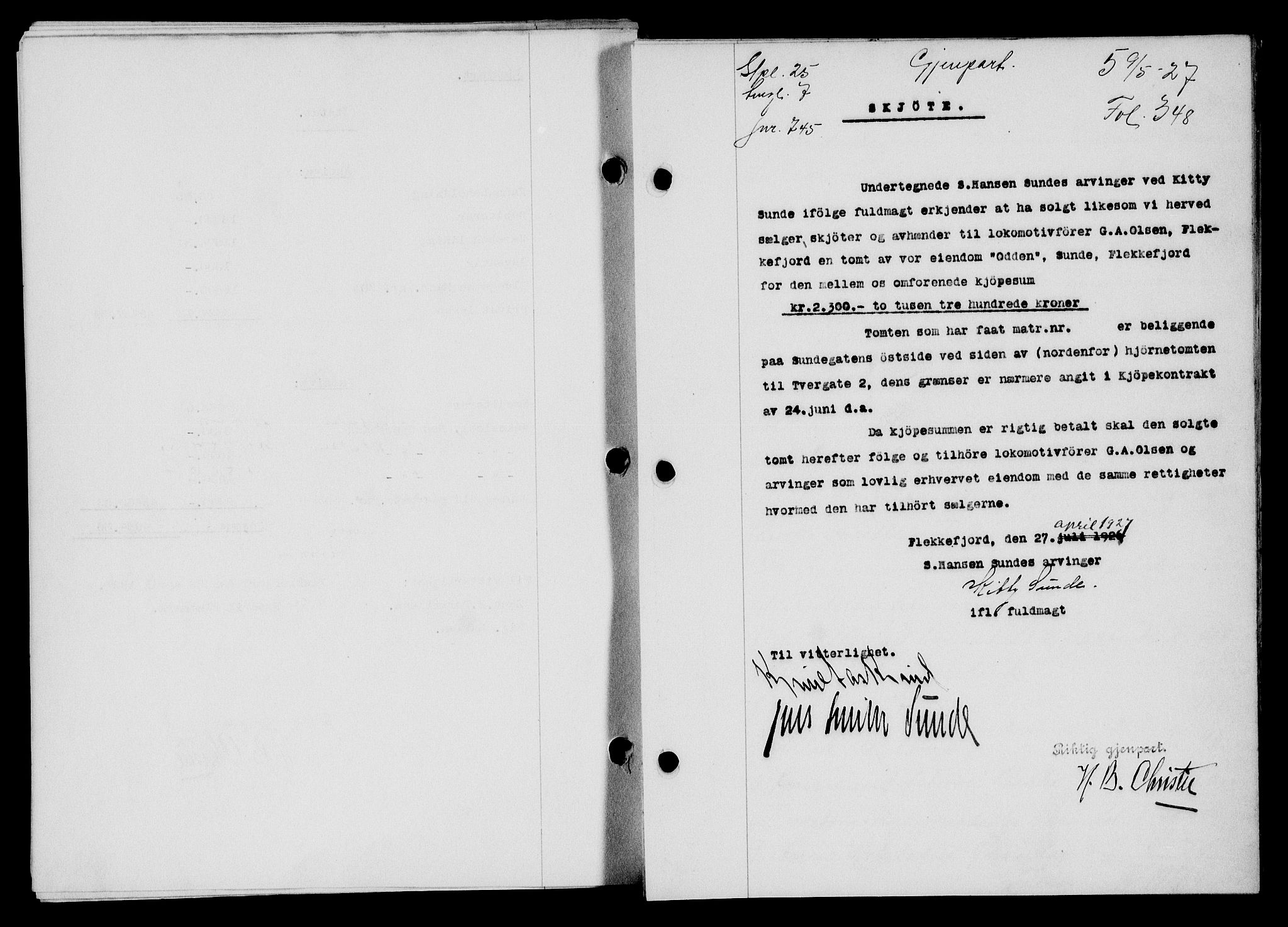 Flekkefjord sorenskriveri, SAK/1221-0001/G/Gb/Gba/L0043: Mortgage book no. 41, 1926-1927, Deed date: 09.05.1927