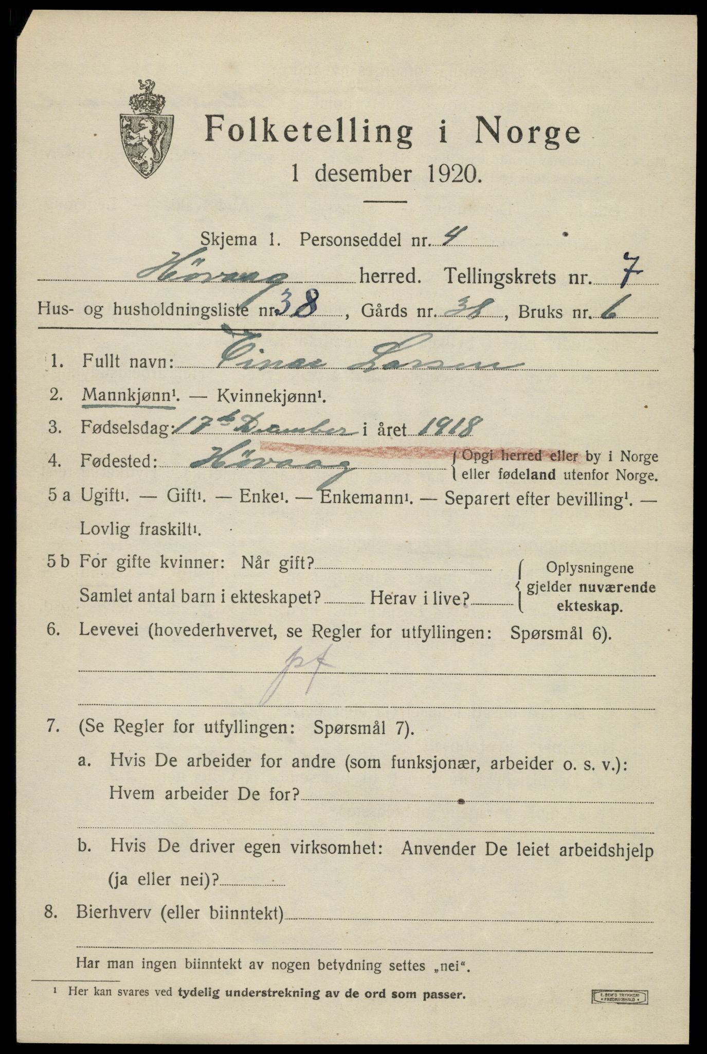 SAK, 1920 census for Høvåg, 1920, p. 4130