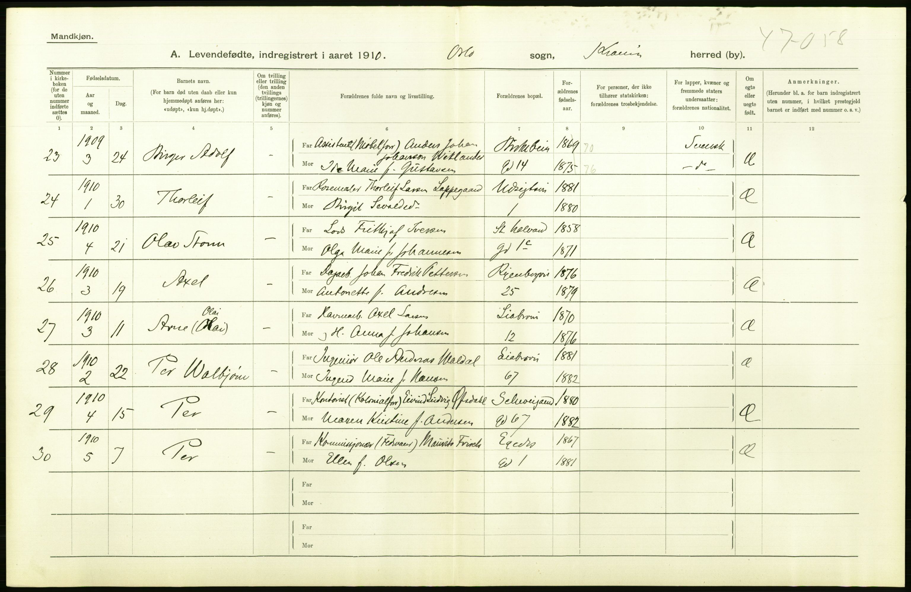 Statistisk sentralbyrå, Sosiodemografiske emner, Befolkning, AV/RA-S-2228/D/Df/Dfa/Dfah/L0006: Kristiania: Levendefødte menn., 1910, p. 666