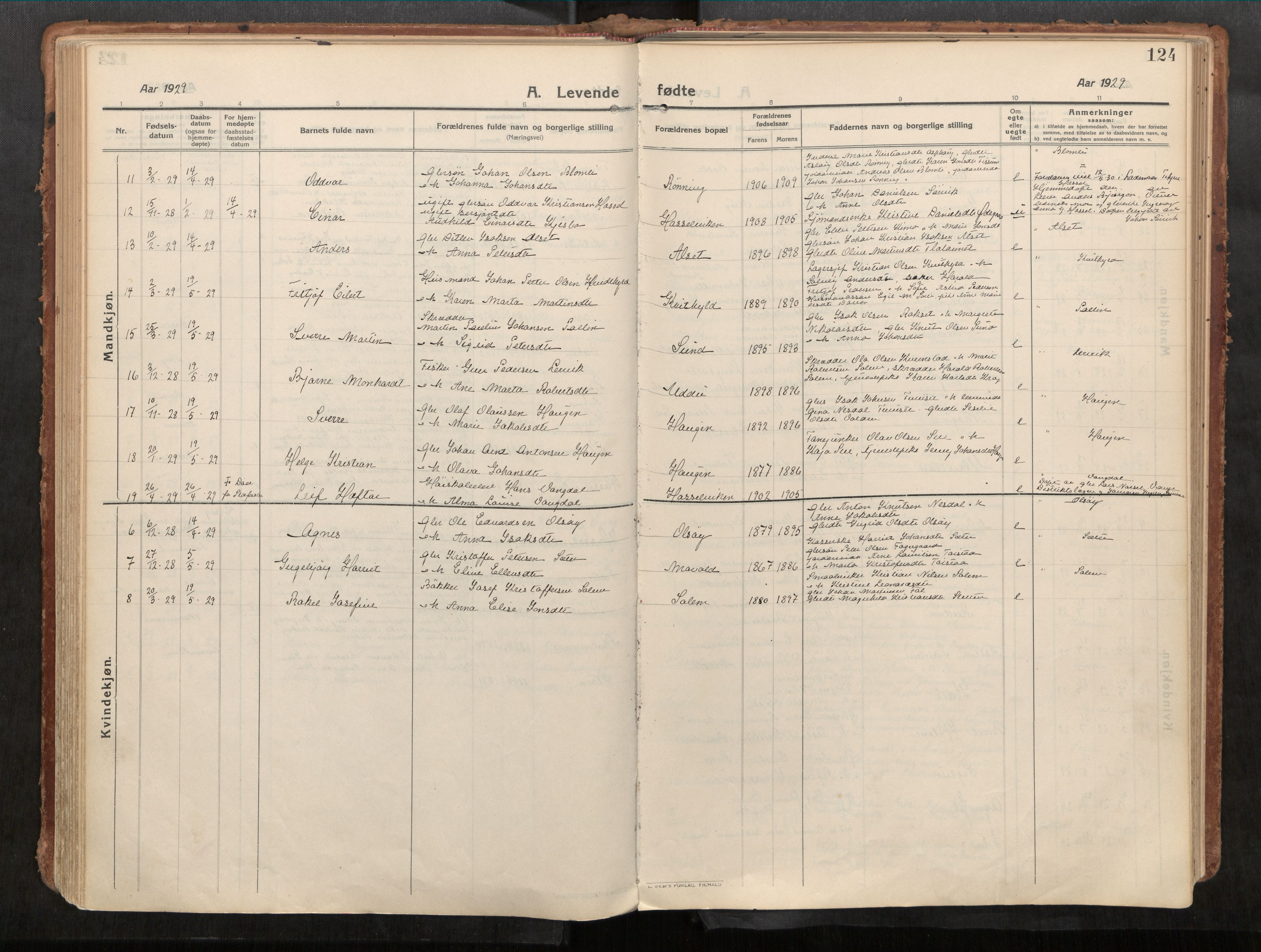 Stadsbygd sokneprestkontor, AV/SAT-A-1117/1/I/I1/I1a/L0001: Parish register (official) no. 1, 1911-1929, p. 124