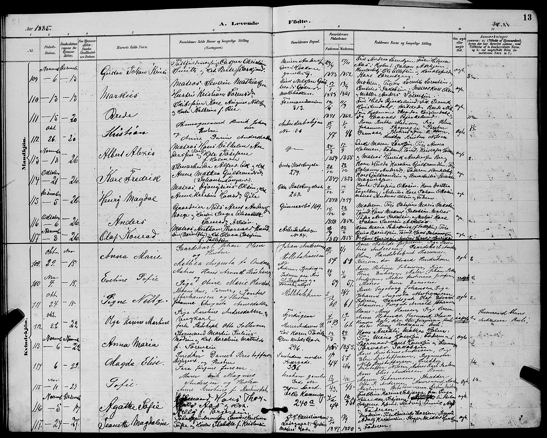 Tønsberg kirkebøker, AV/SAKO-A-330/G/Ga/L0006: Parish register (copy) no. 6, 1885-1895, p. 13