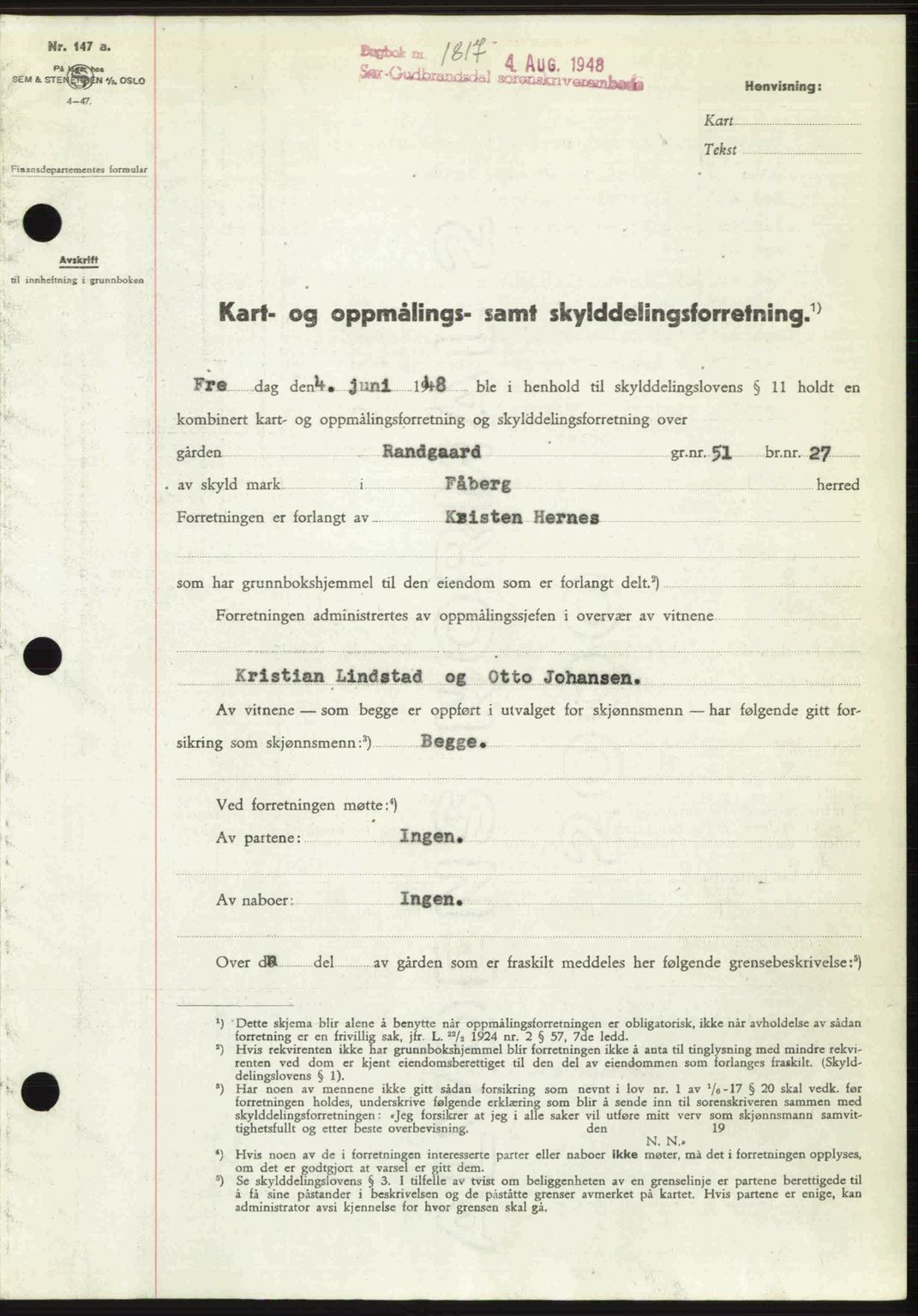 Sør-Gudbrandsdal tingrett, SAH/TING-004/H/Hb/Hbd/L0022: Mortgage book no. A22, 1948-1948, Diary no: : 1817/1948