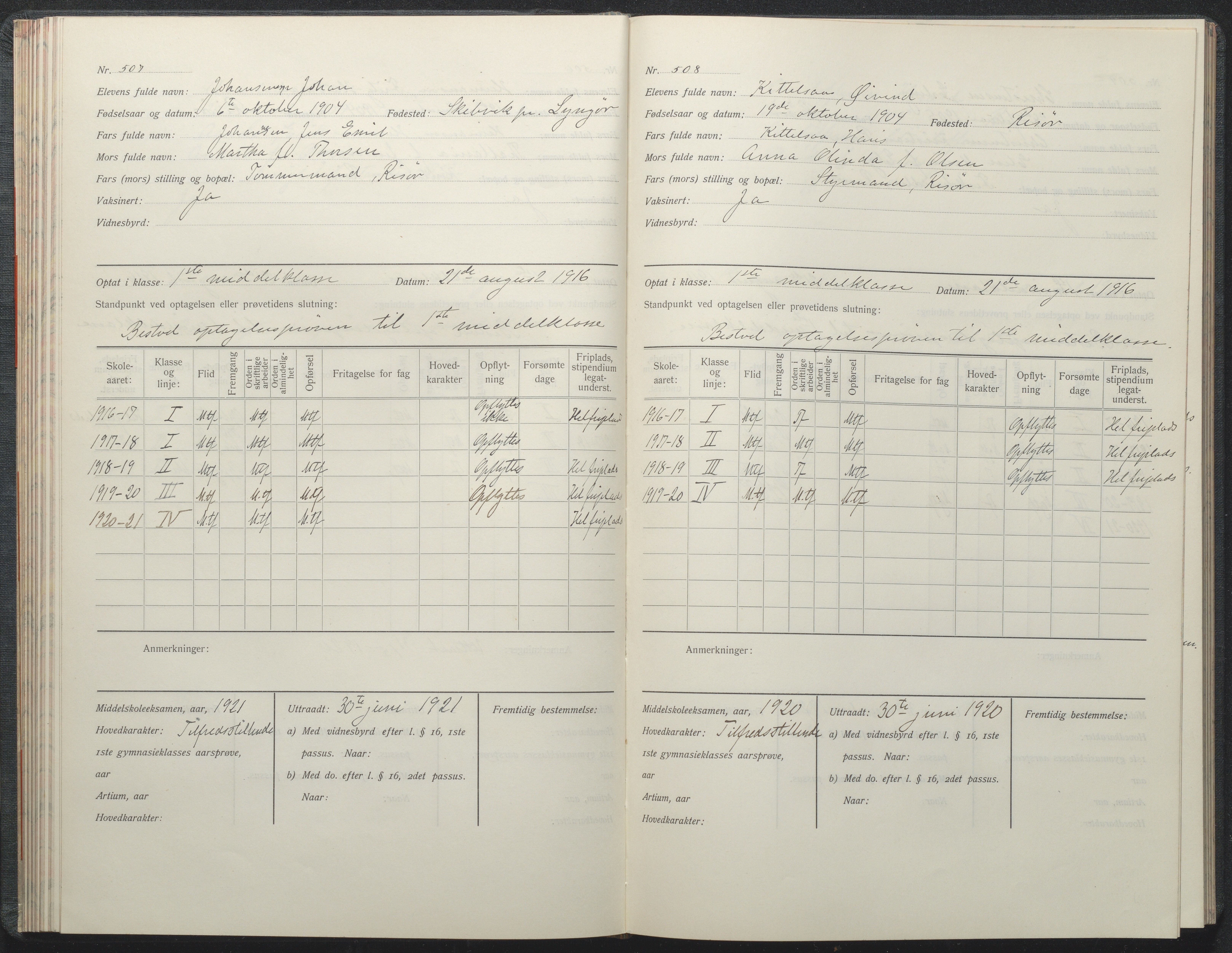 Risør kommune, AAKS/KA0901-PK/1/05/05i/L0002: Manntallsprotokoll, 1911-1925, p. 507-508