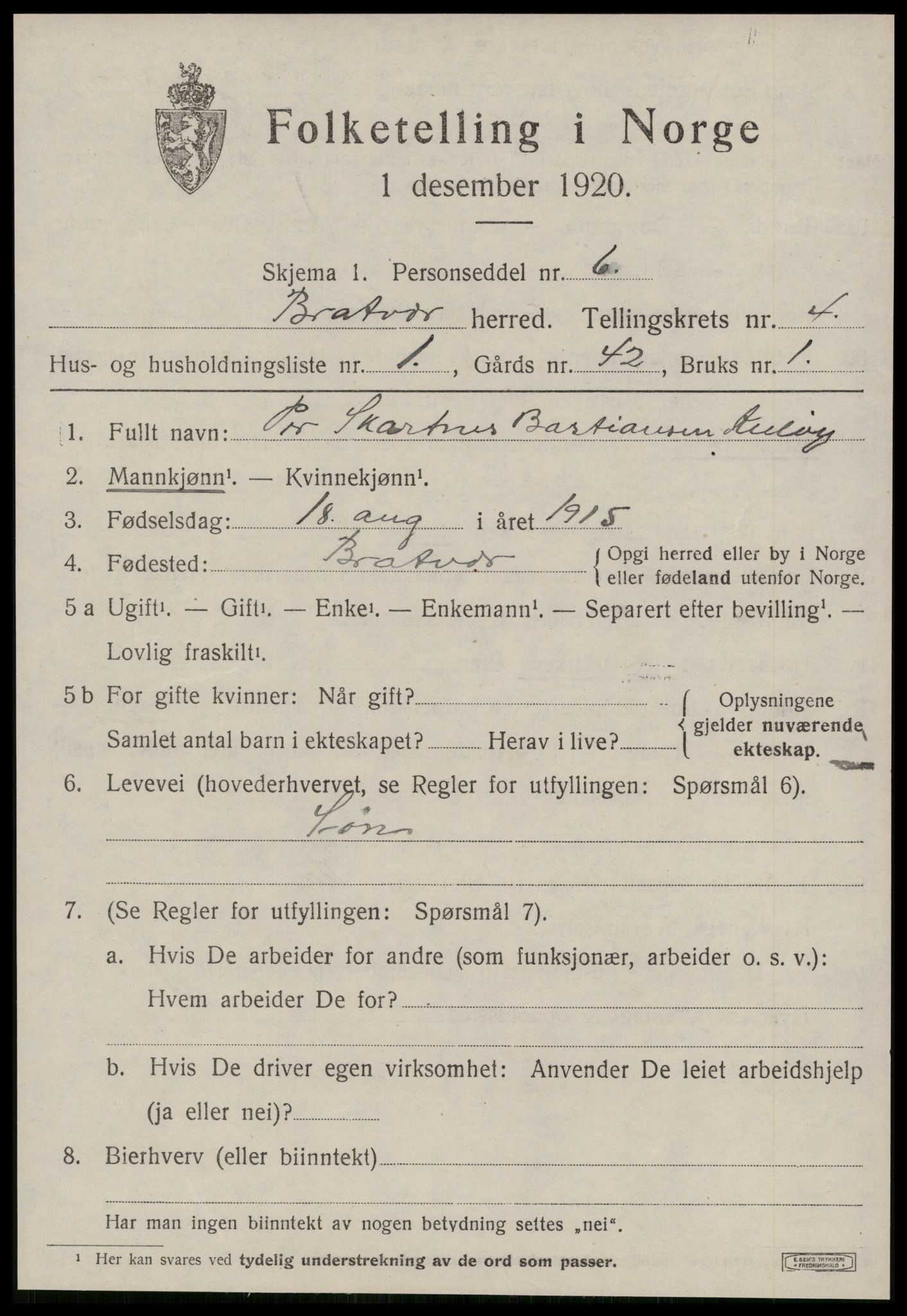 SAT, 1920 census for Brattvær, 1920, p. 1646