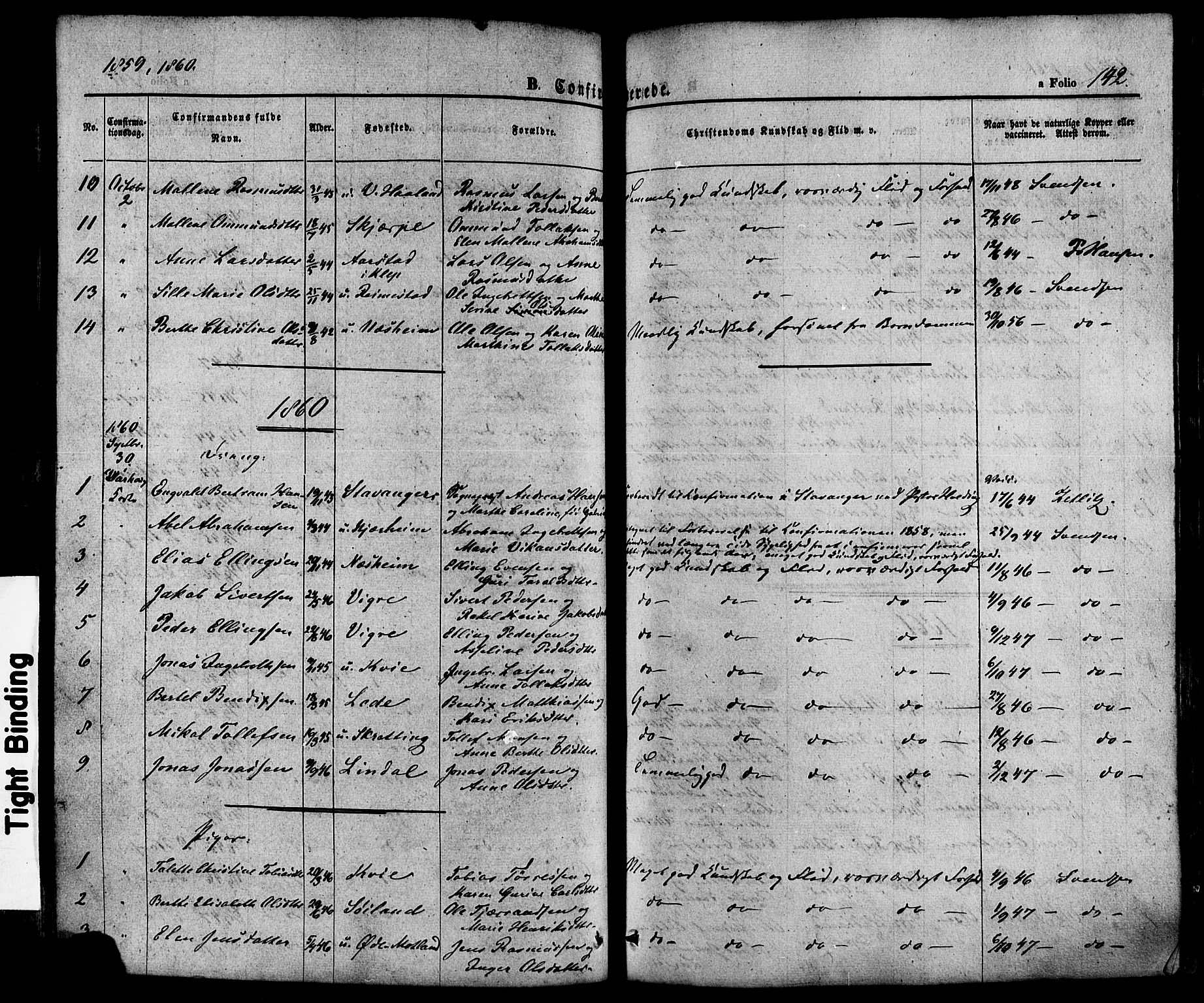 Hå sokneprestkontor, SAST/A-101801/001/30BA/L0008: Parish register (official) no. A 7, 1853-1878, p. 142