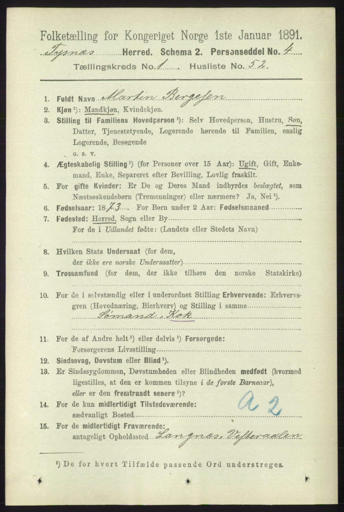 RA, 1891 census for 1223 Tysnes, 1891, p. 381