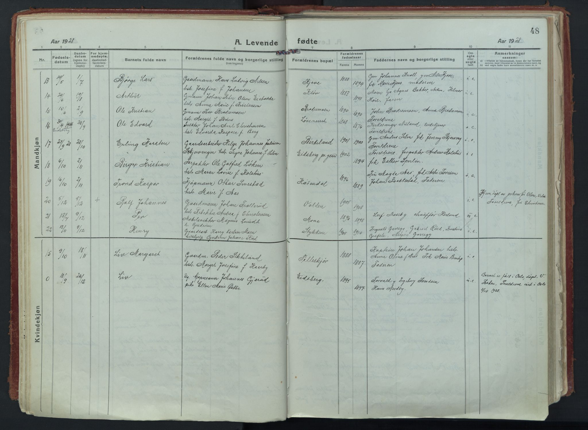 Eidsberg prestekontor Kirkebøker, AV/SAO-A-10905/F/Fa/L0015: Parish register (official) no. I 15, 1920-1937, p. 48