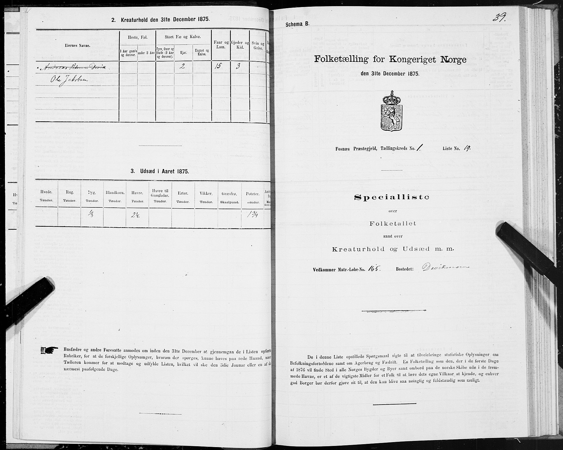 SAT, 1875 census for 1748P Fosnes, 1875, p. 1039
