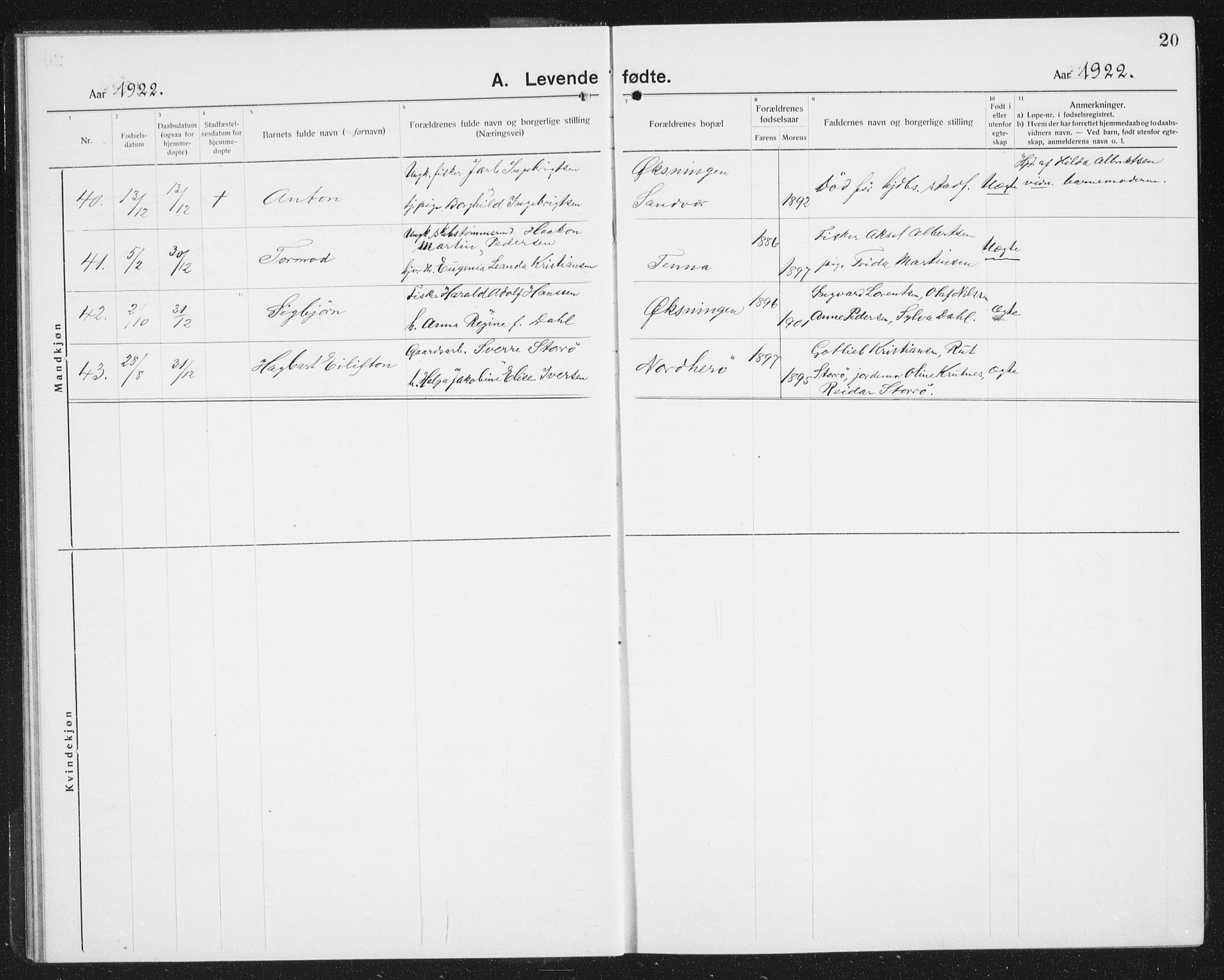 Ministerialprotokoller, klokkerbøker og fødselsregistre - Nordland, SAT/A-1459/834/L0517: Parish register (copy) no. 834C07, 1919-1939, p. 20