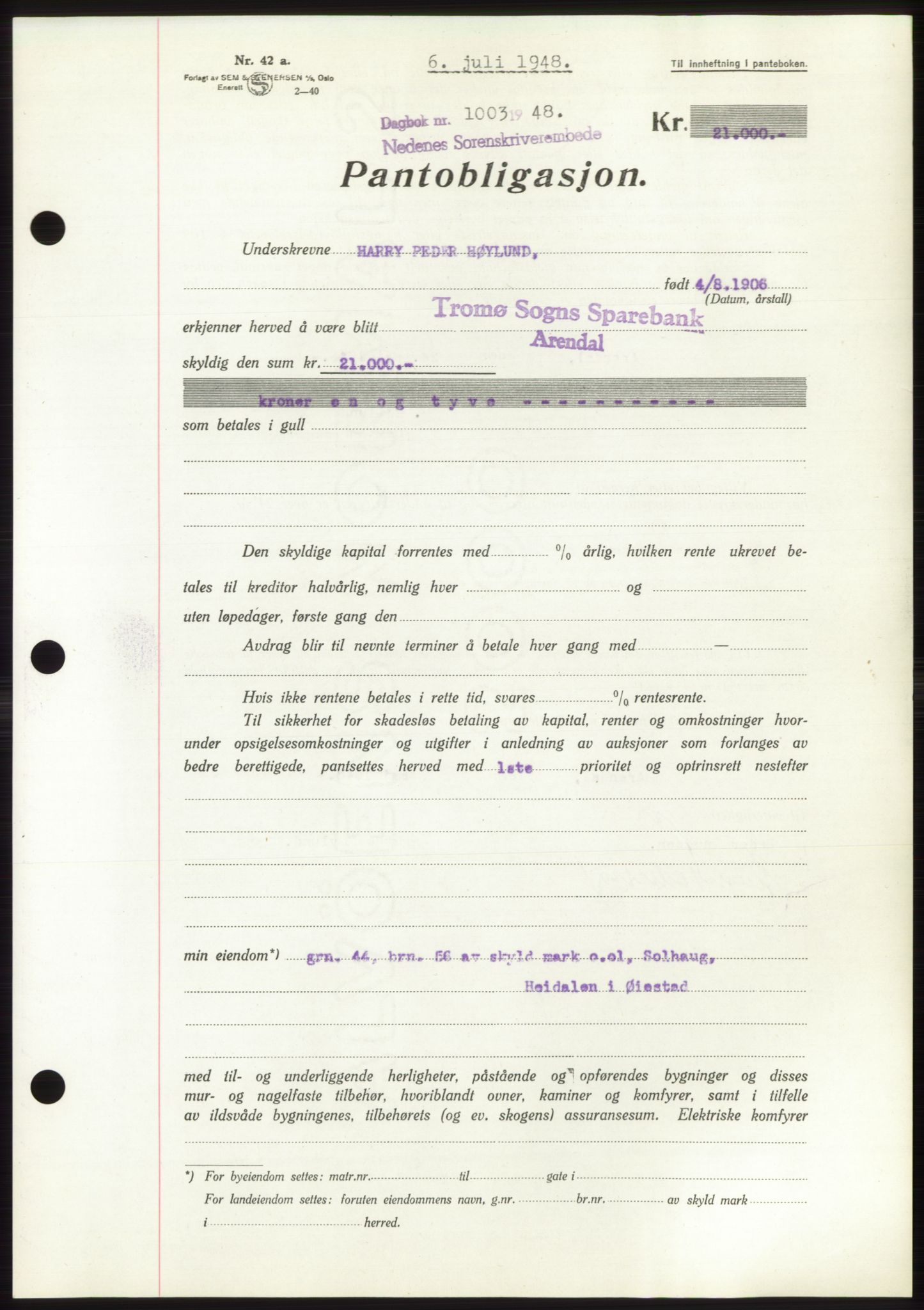 Nedenes sorenskriveri, AV/SAK-1221-0006/G/Gb/Gbb/L0005: Mortgage book no. B5, 1948-1948, Diary no: : 1003/1948