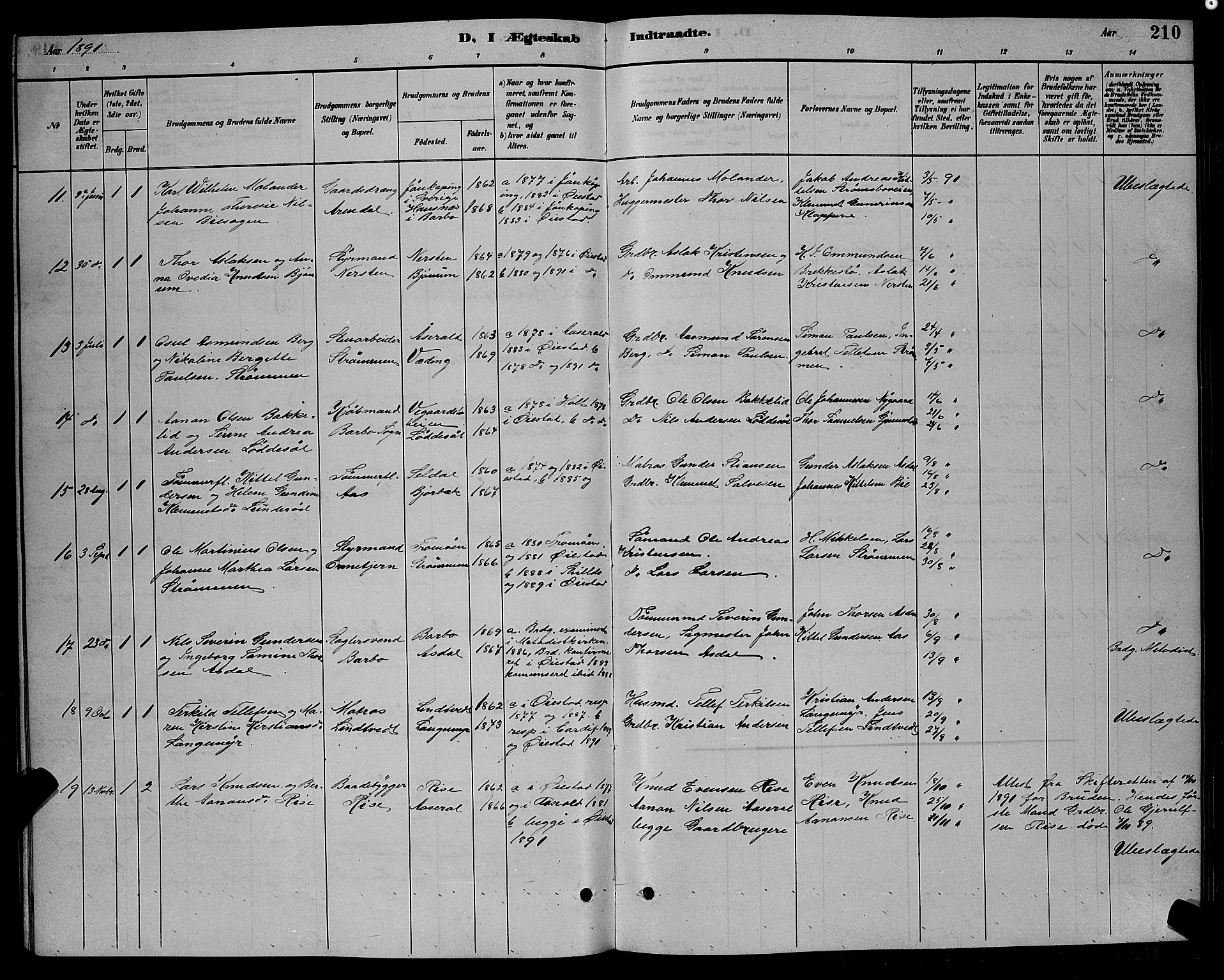 Øyestad sokneprestkontor, AV/SAK-1111-0049/F/Fb/L0009: Parish register (copy) no. B 9, 1886-1896, p. 210