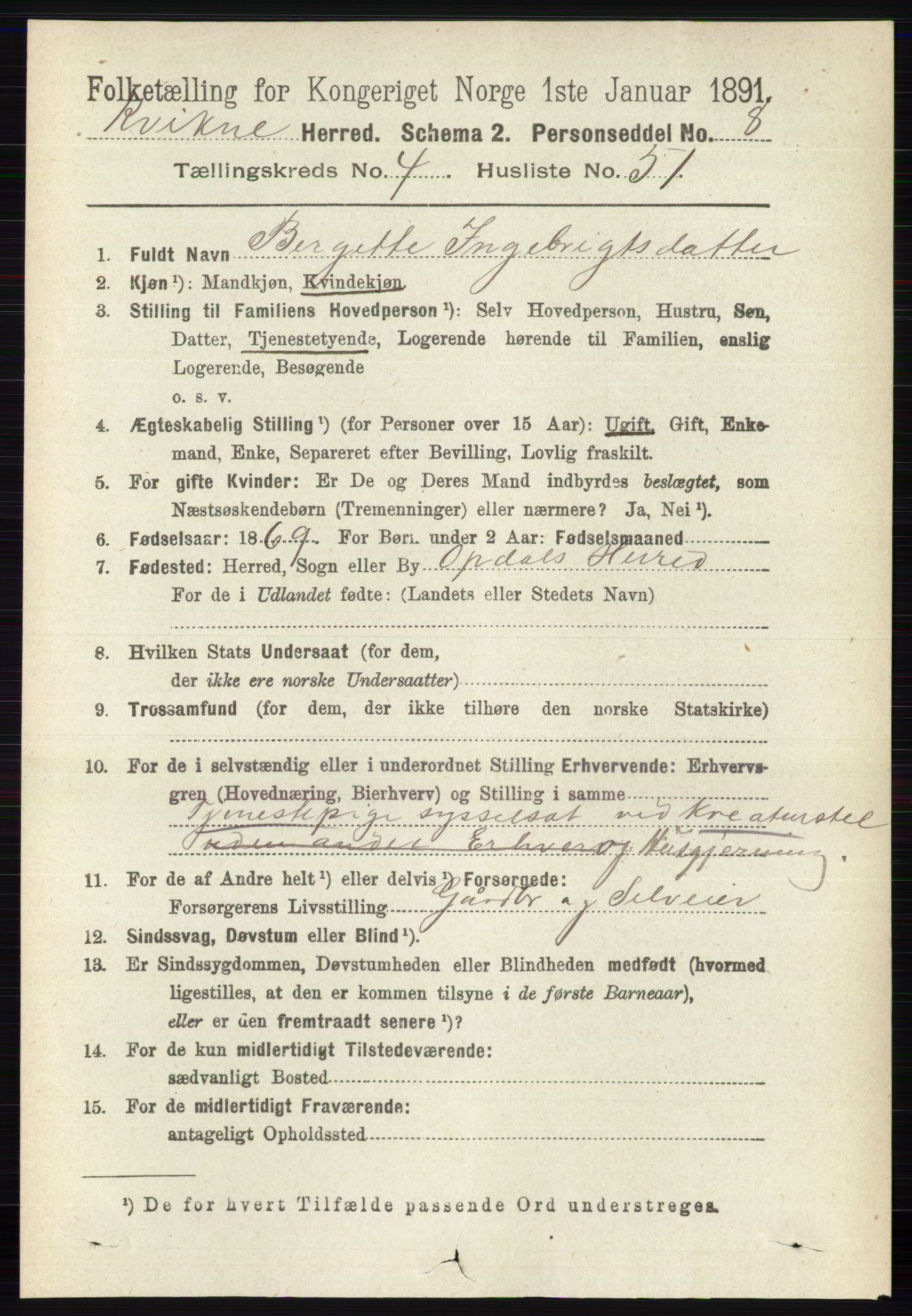 RA, 1891 census for 0440 Kvikne, 1891, p. 1275