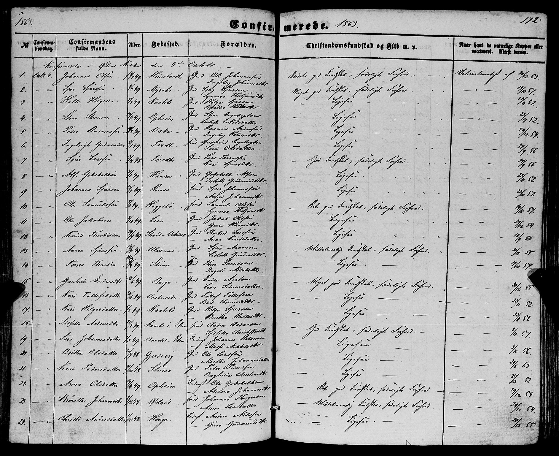 Fjelberg sokneprestembete, SAB/A-75201/H/Haa: Parish register (official) no. A 7, 1851-1867, p. 172