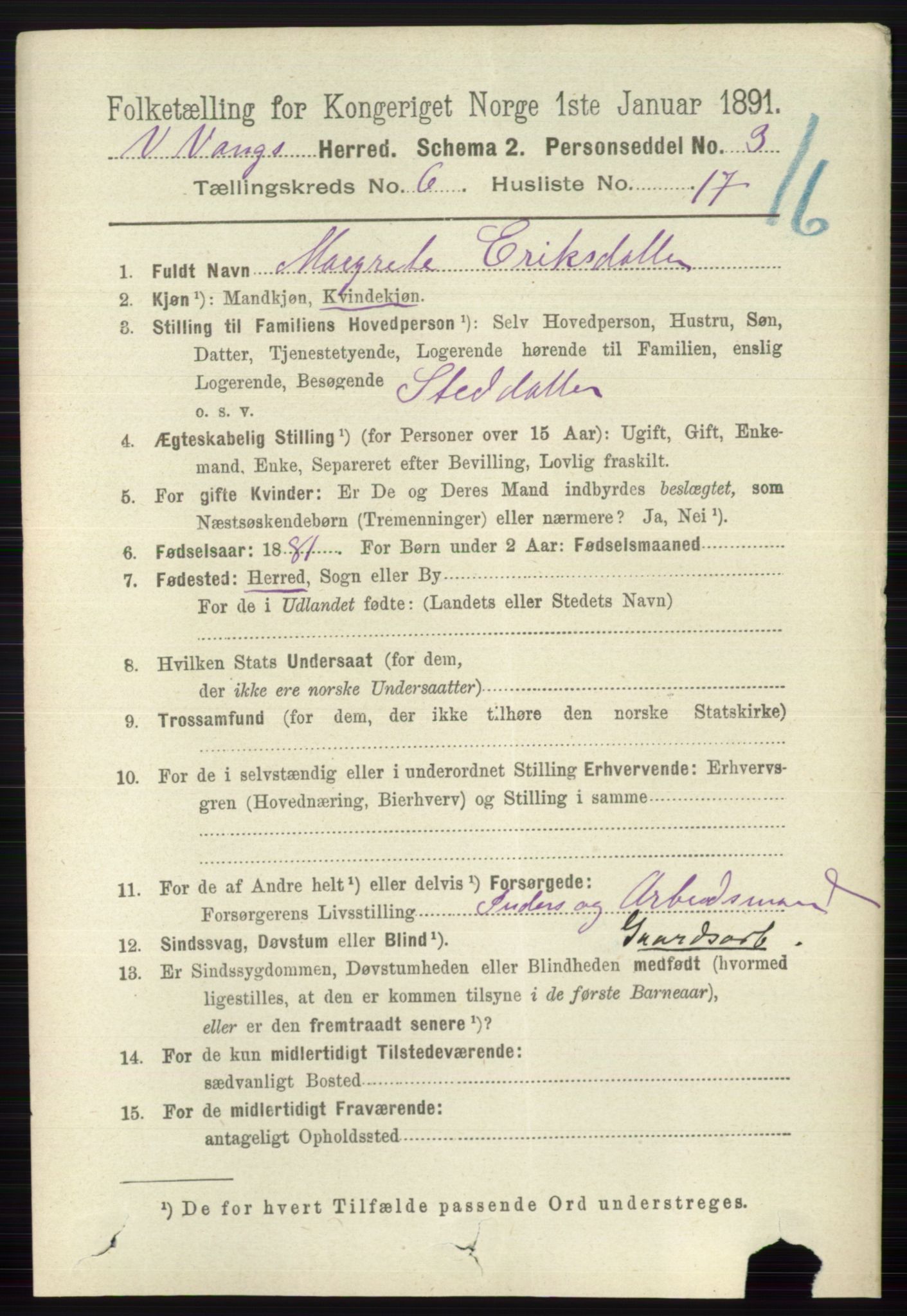 RA, 1891 census for 0545 Vang, 1891, p. 1359