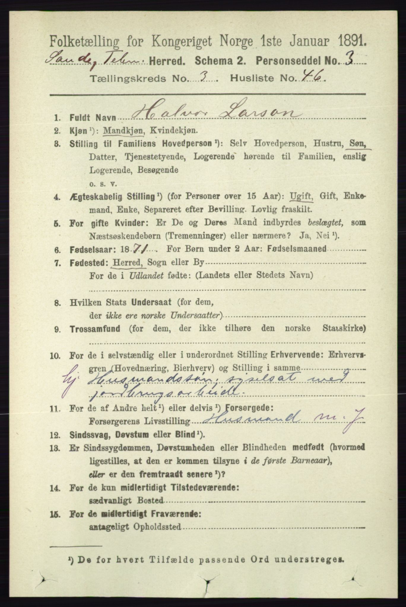 RA, 1891 census for 0822 Sauherad, 1891, p. 961