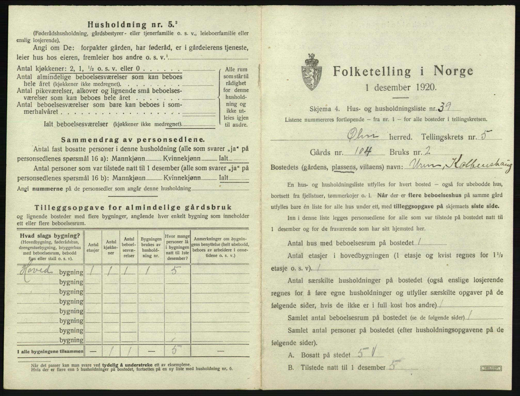 SAB, 1920 census for Ølen, 1920, p. 439