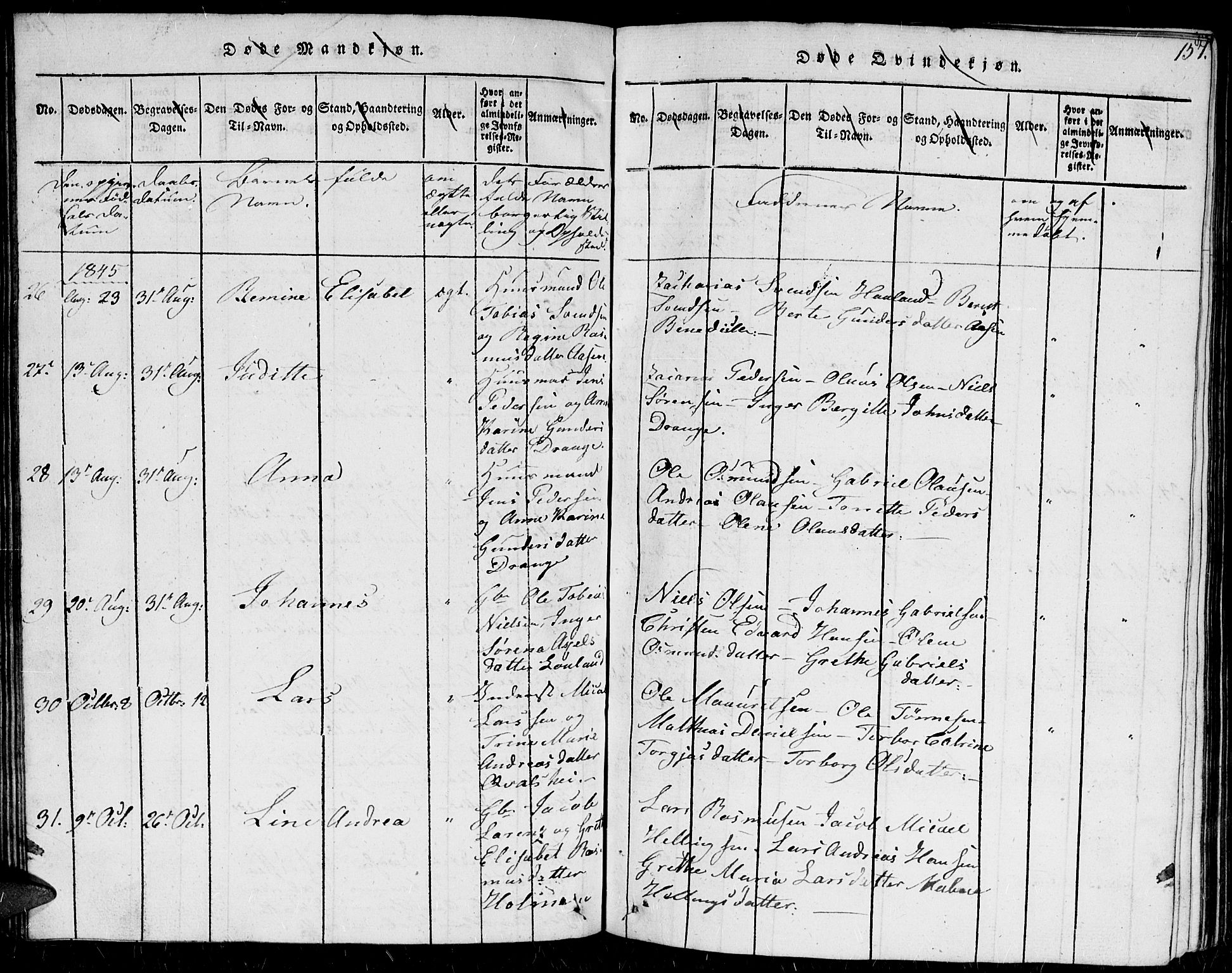 Herad sokneprestkontor, AV/SAK-1111-0018/F/Fb/Fba/L0001: Parish register (copy) no. B 1, 1815-1852, p. 157