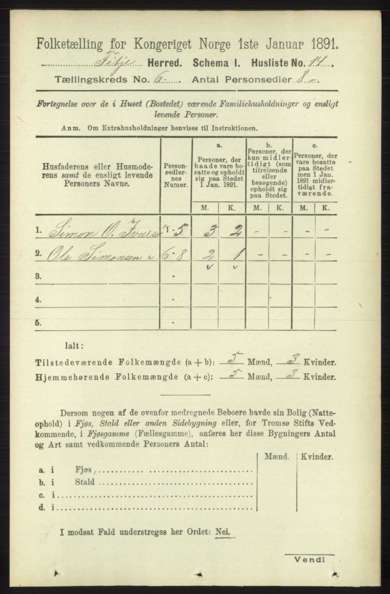 RA, 1891 census for 1222 Fitjar, 1891, p. 2331