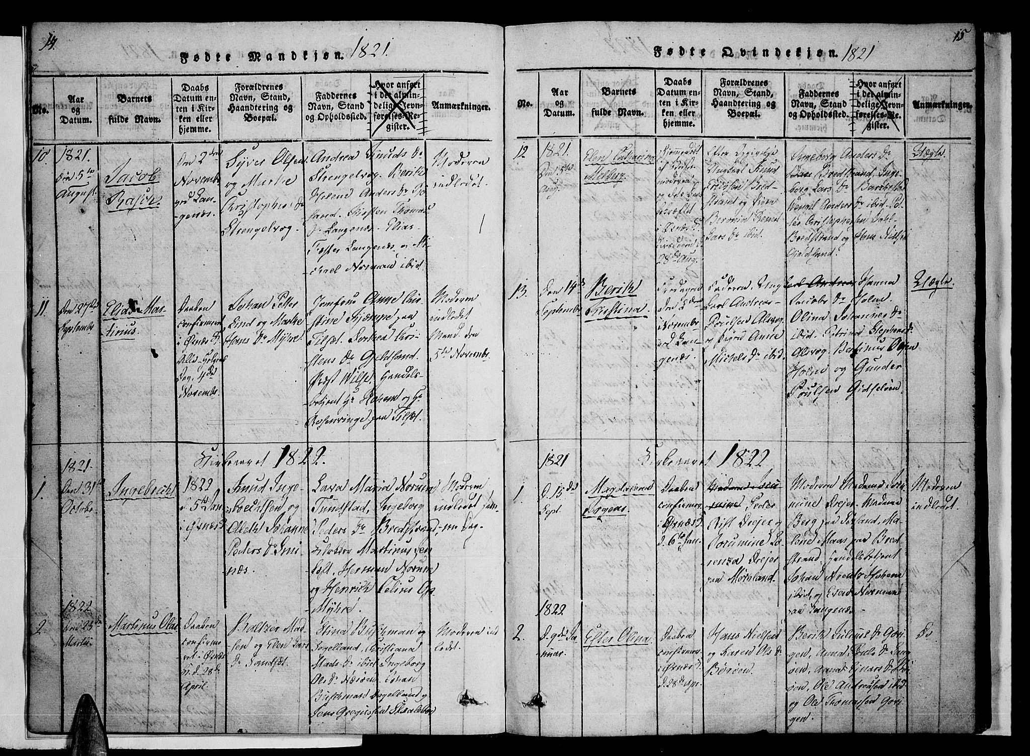 Ministerialprotokoller, klokkerbøker og fødselsregistre - Nordland, SAT/A-1459/893/L1331: Parish register (official) no. 893A04, 1820-1840, p. 14-15