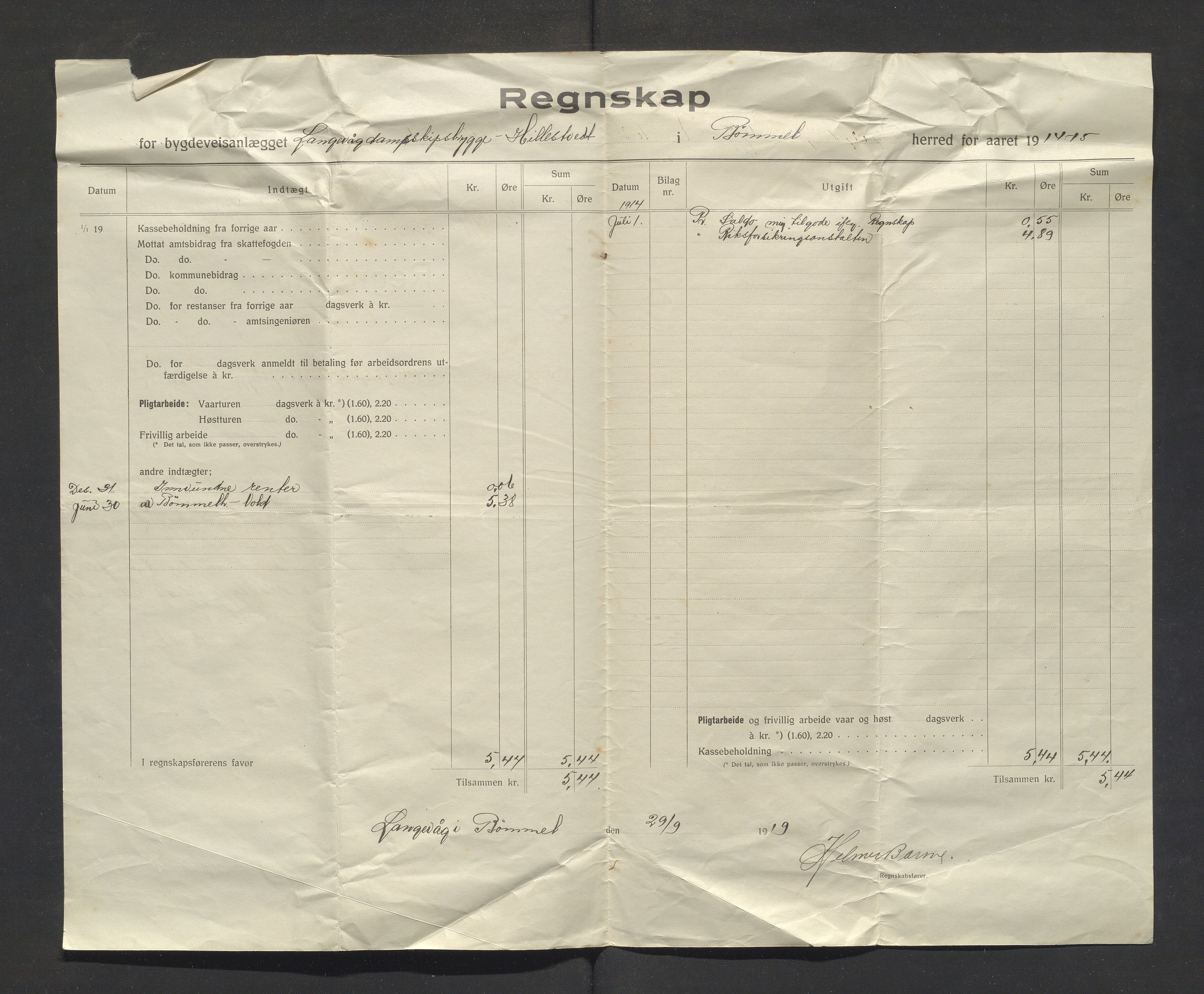 Bømlo kommune. Formannskapet, IKAH/1219-021/E/Ea/L0005/0007: Emneordna korrespondanse / Rekneskap for bygdevegsbygget Langevåg kai-Hillestveit, 1914-1915