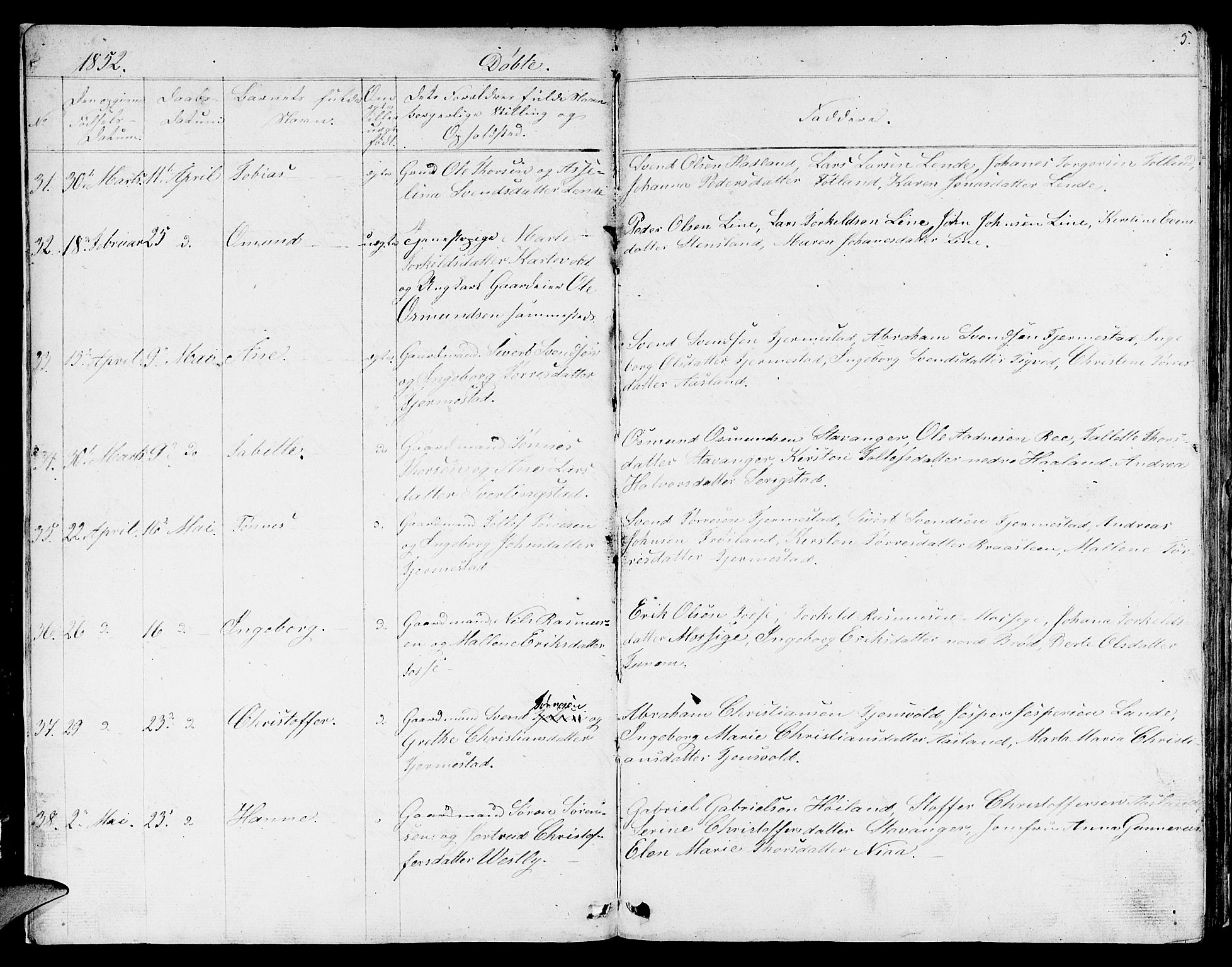 Lye sokneprestkontor, AV/SAST-A-101794/001/30BB/L0002: Parish register (copy) no. B 2, 1852-1867, p. 5