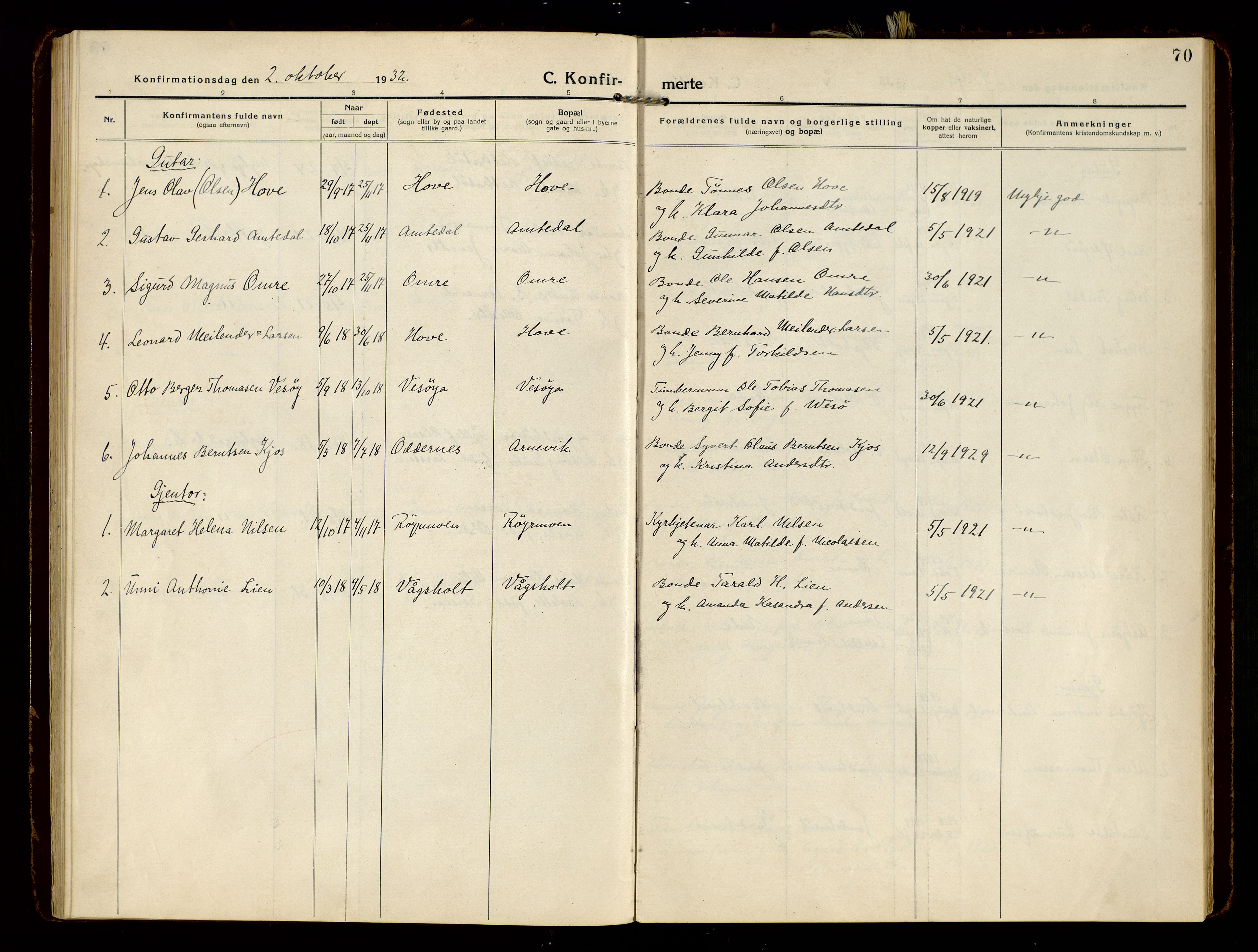 Hommedal sokneprestkontor, AV/SAK-1111-0023/F/Fa/Faa/L0004: Parish register (official) no. A 4, 1916-1945, p. 70