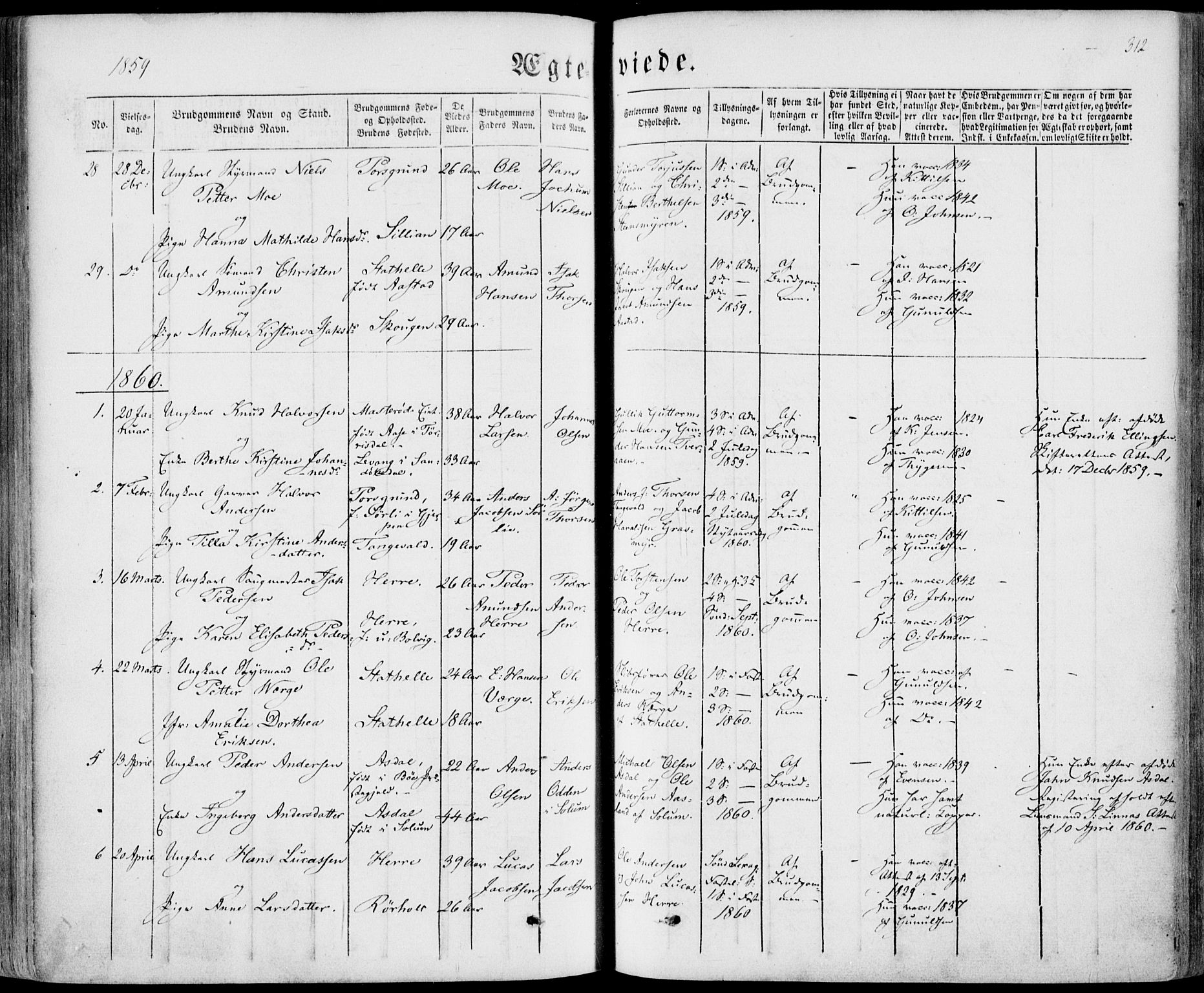 Bamble kirkebøker, SAKO/A-253/F/Fa/L0005: Parish register (official) no. I 5, 1854-1869, p. 312