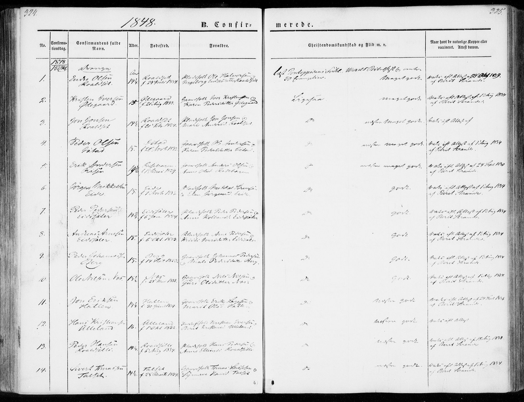 Ministerialprotokoller, klokkerbøker og fødselsregistre - Møre og Romsdal, SAT/A-1454/557/L0680: Parish register (official) no. 557A02, 1843-1869, p. 324-325