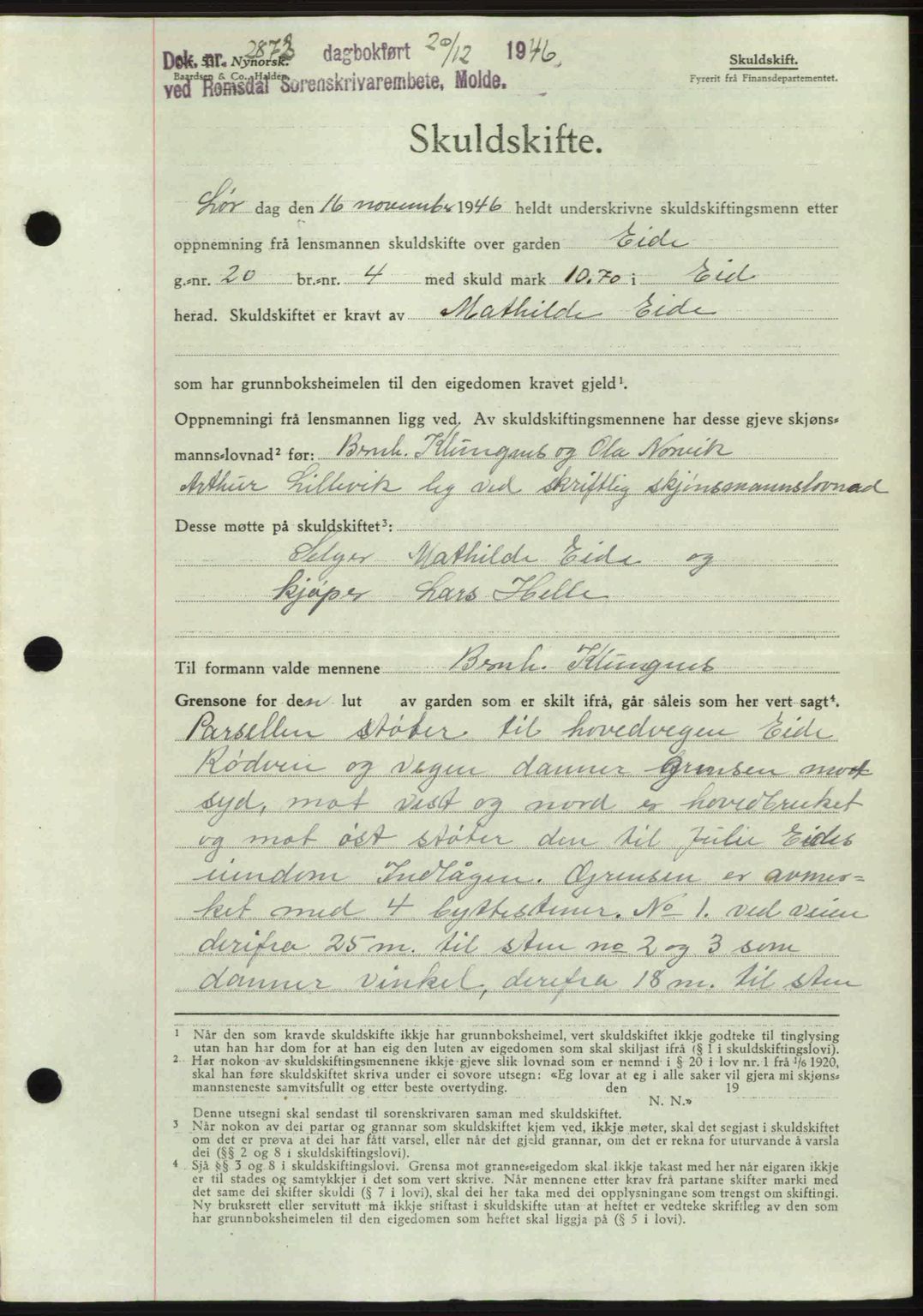 Romsdal sorenskriveri, AV/SAT-A-4149/1/2/2C: Mortgage book no. A21, 1946-1946, Diary no: : 2872/1946