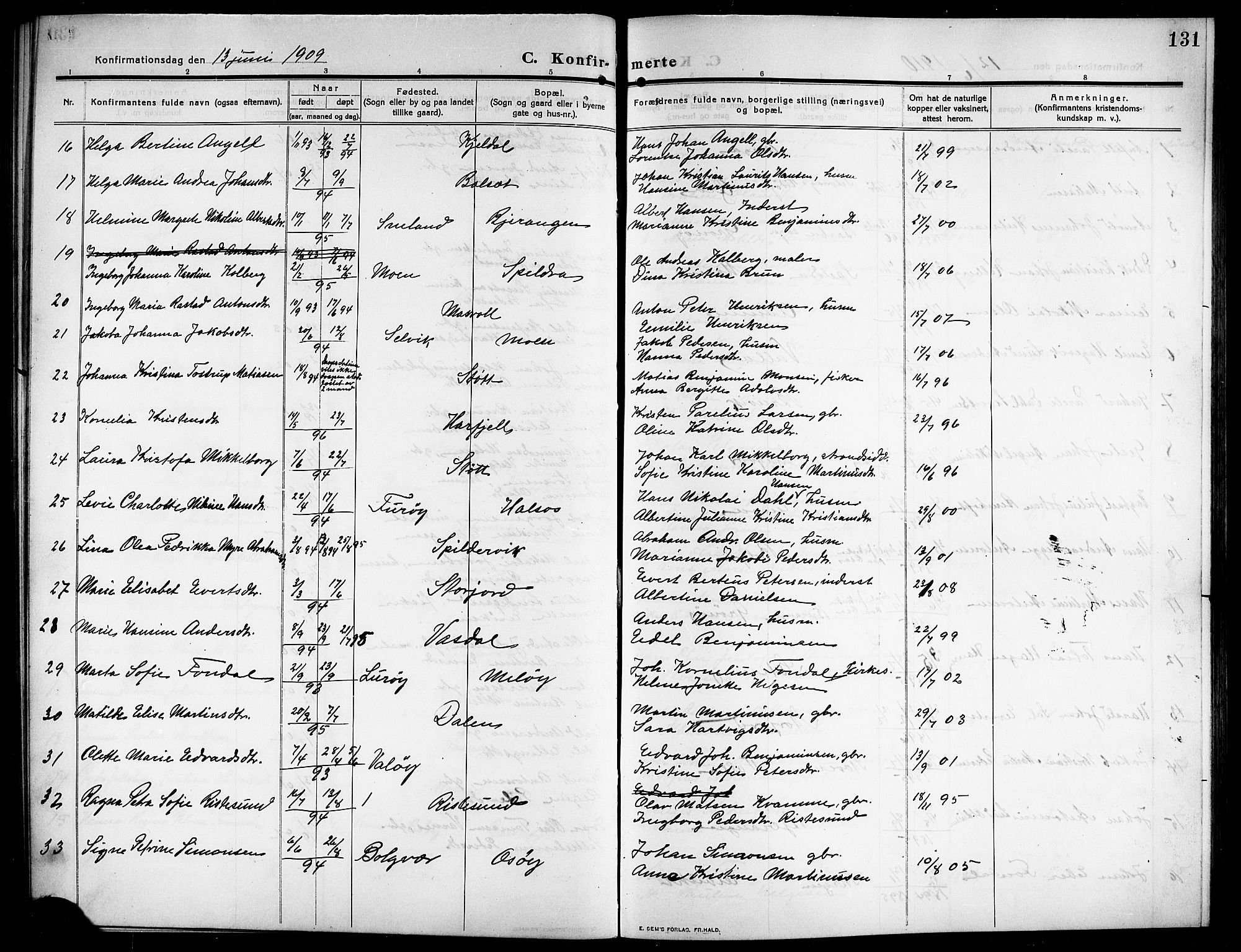 Ministerialprotokoller, klokkerbøker og fødselsregistre - Nordland, AV/SAT-A-1459/843/L0639: Parish register (copy) no. 843C08, 1908-1924, p. 131