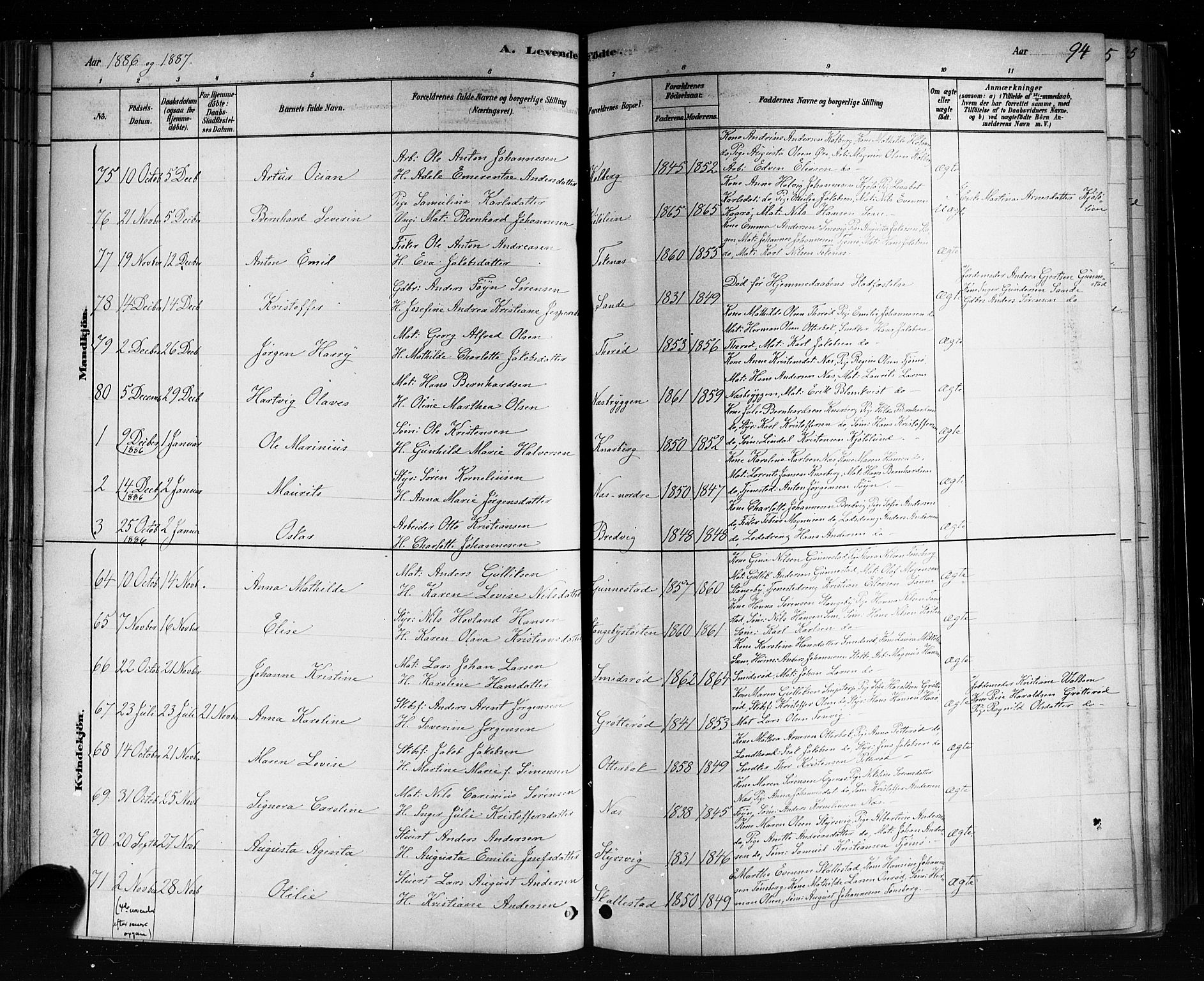 Nøtterøy kirkebøker, SAKO/A-354/F/Fa/L0008: Parish register (official) no. I 8, 1878-1893, p. 94