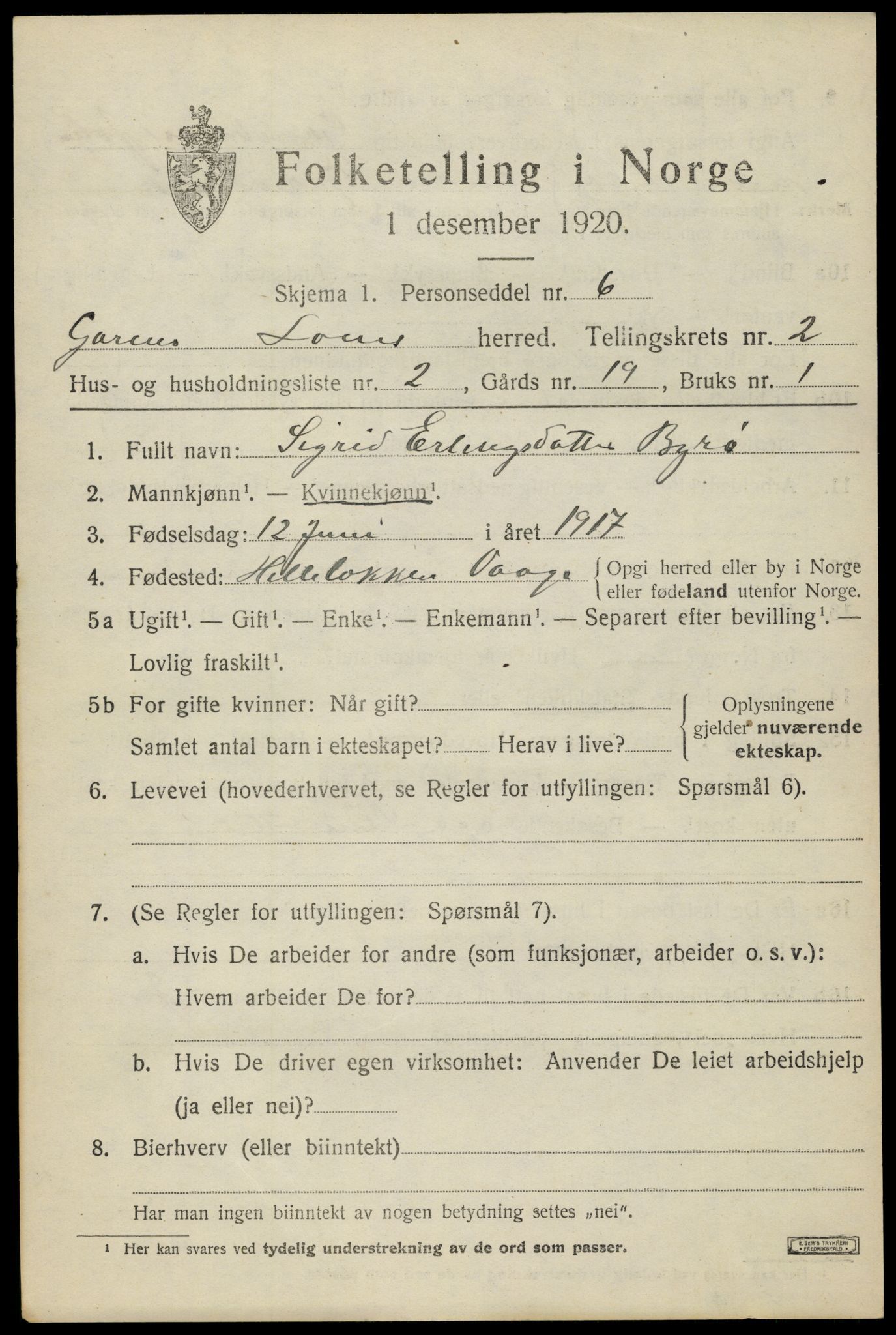 SAH, 1920 census for Lom, 1920, p. 1790