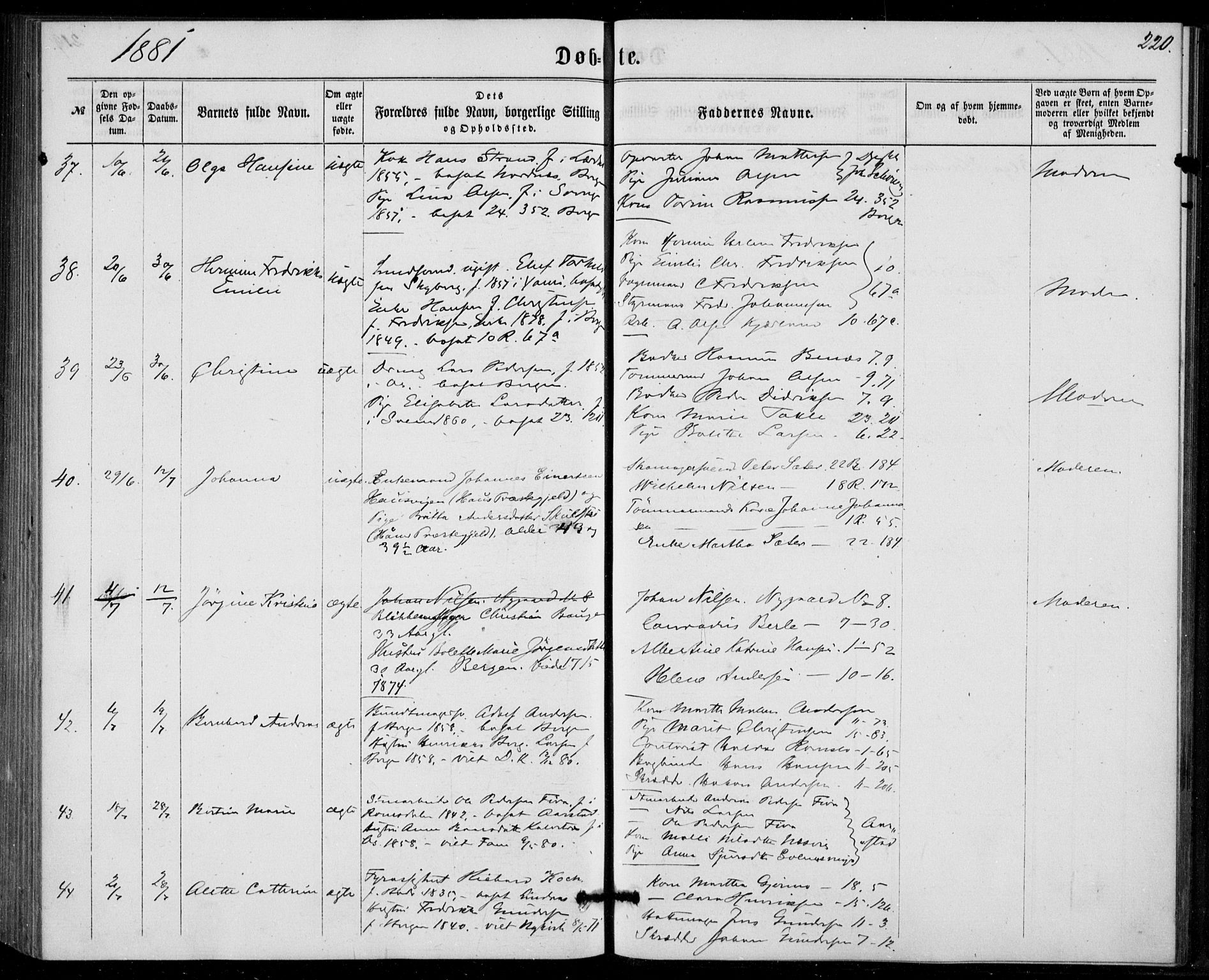 Fødselsstiftelsens sokneprestembete, ført av overlegen*, SAB/-: Parish register (official) no. A 1, 1863-1883, p. 220