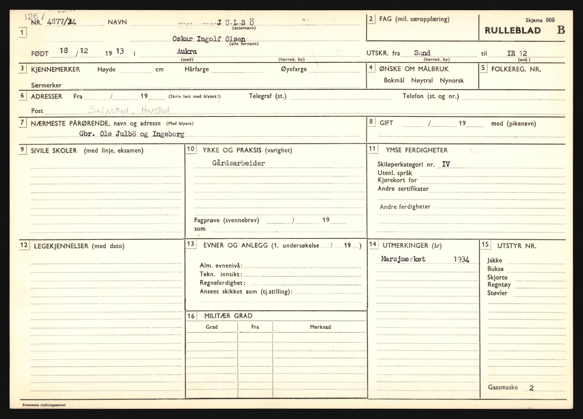 Forsvaret, Troms infanteriregiment nr. 16, AV/RA-RAFA-3146/P/Pa/L0018: Rulleblad for regimentets menige mannskaper, årsklasse 1934, 1934, p. 607