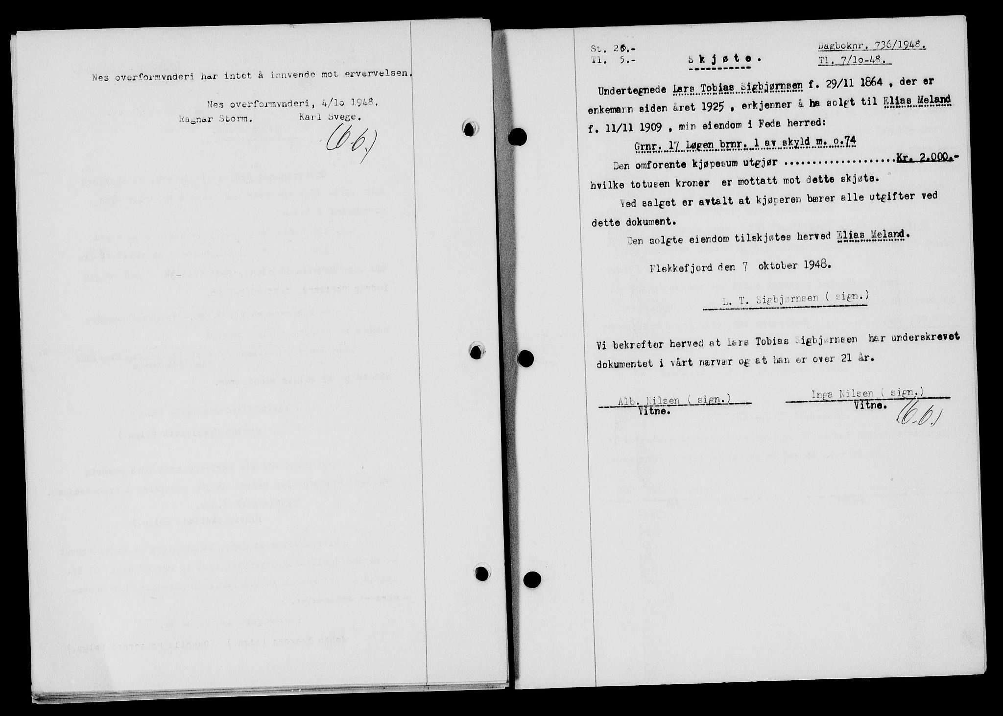 Flekkefjord sorenskriveri, AV/SAK-1221-0001/G/Gb/Gba/L0064: Mortgage book no. A-12, 1948-1949, Diary no: : 736/1948