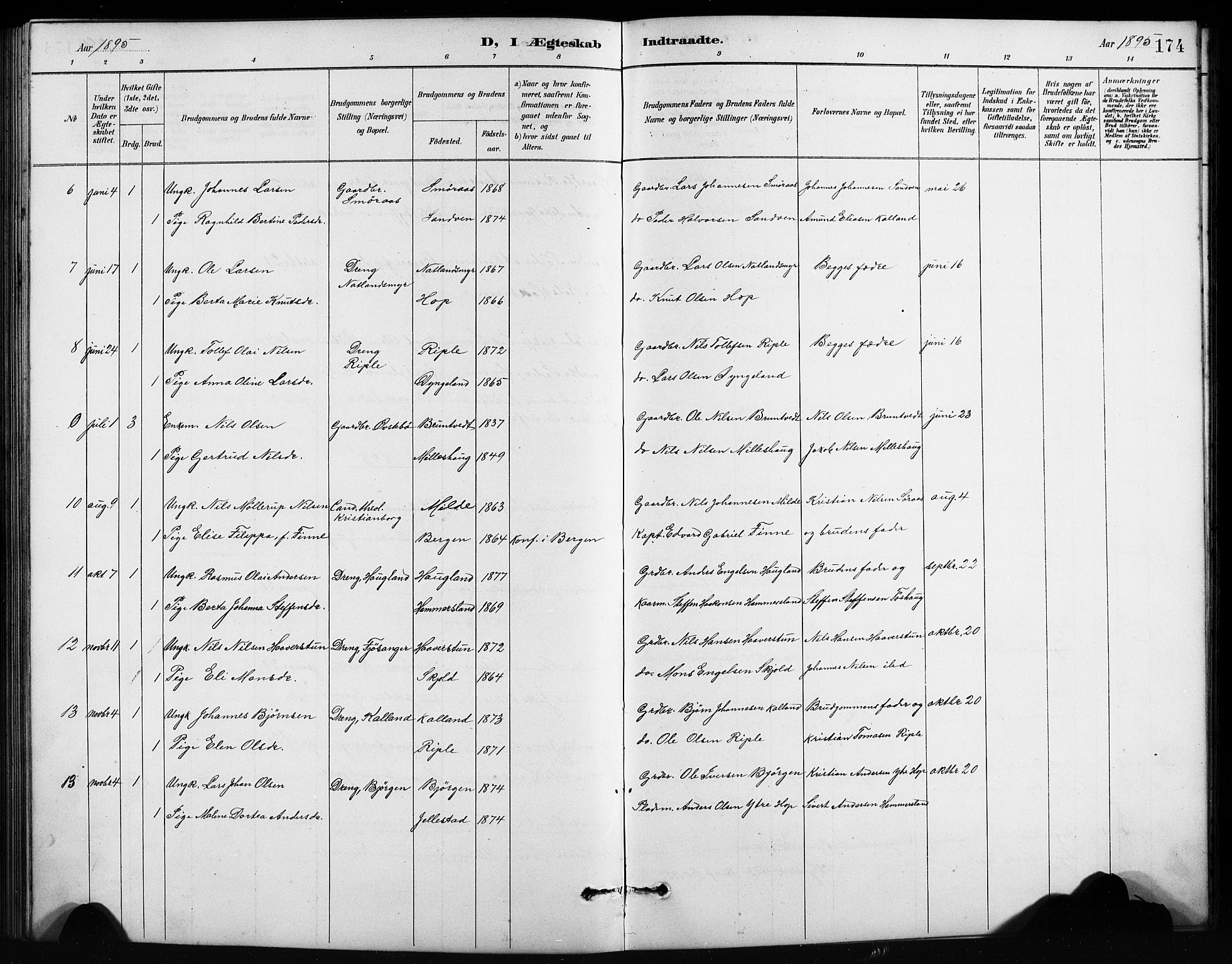 Birkeland Sokneprestembete, AV/SAB-A-74601/H/Hab: Parish register (copy) no. A 4, 1888-1897, p. 174