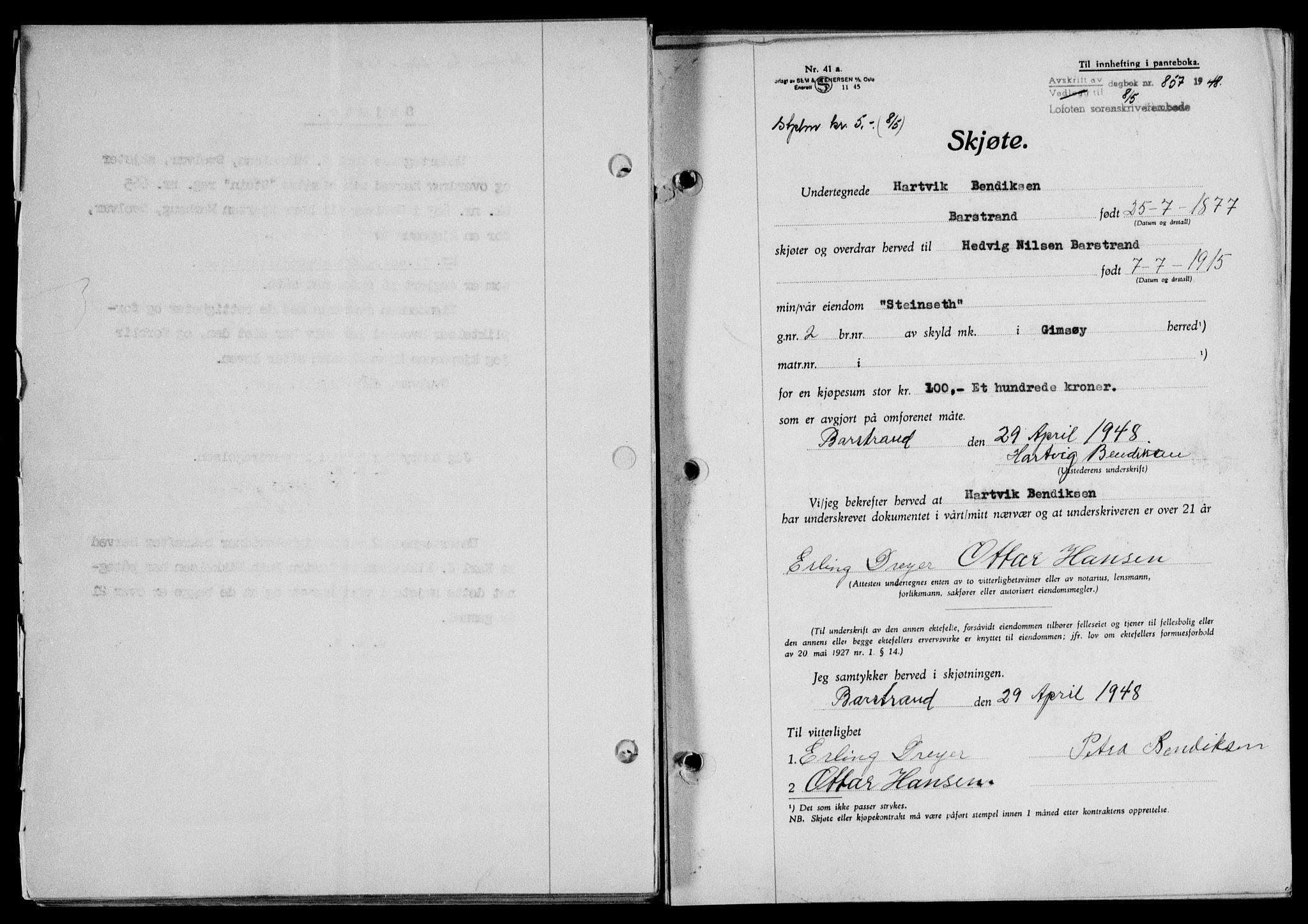 Lofoten sorenskriveri, SAT/A-0017/1/2/2C/L0018a: Mortgage book no. 18a, 1948-1948, Diary no: : 857/1948